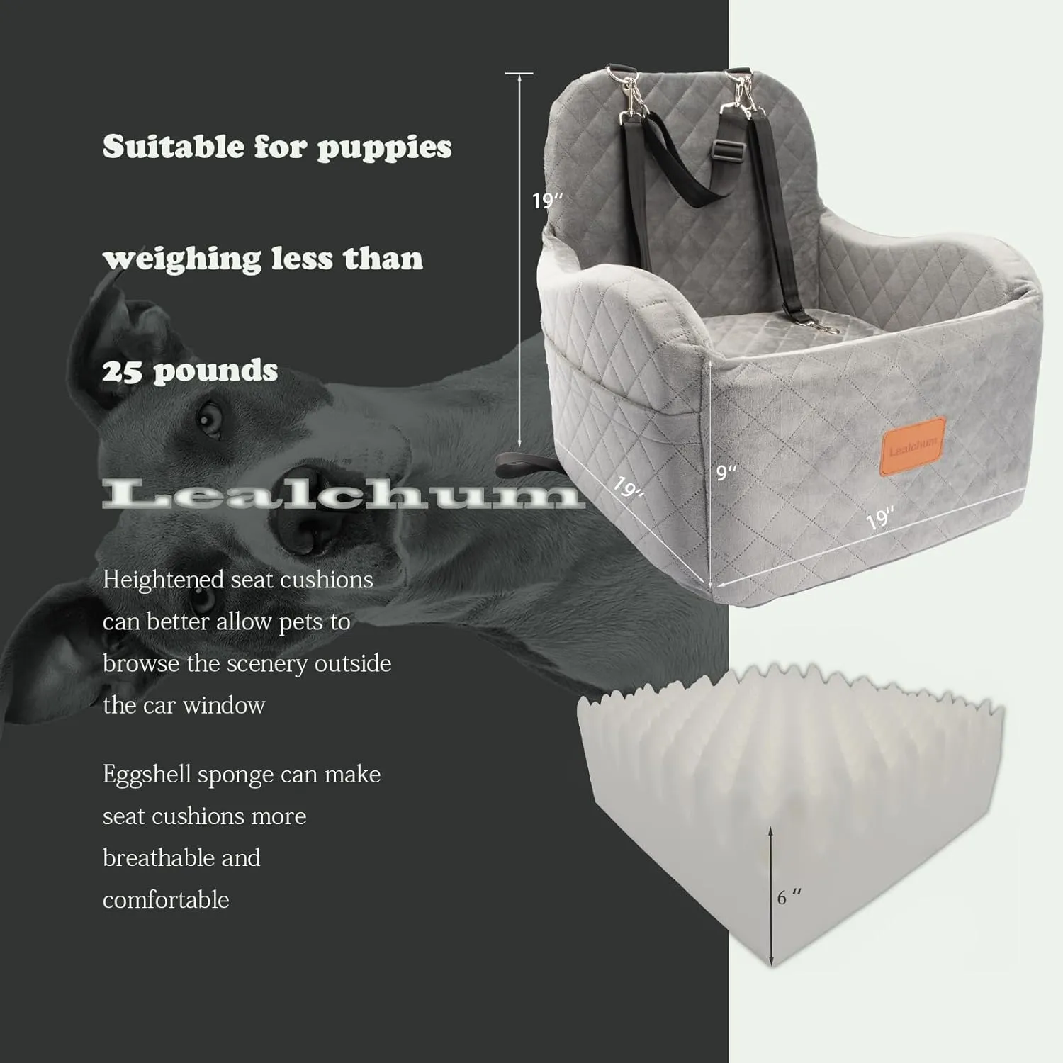 Dog Booster Car Seat for Small/Medium Dogs Up to 35lbs,Ultra Soft Fabric Covered,6in Elevated Cushion,Fully Detachable and Washable,3 Straps & 2 Pockets,Easy to Install(Grey,Medium)