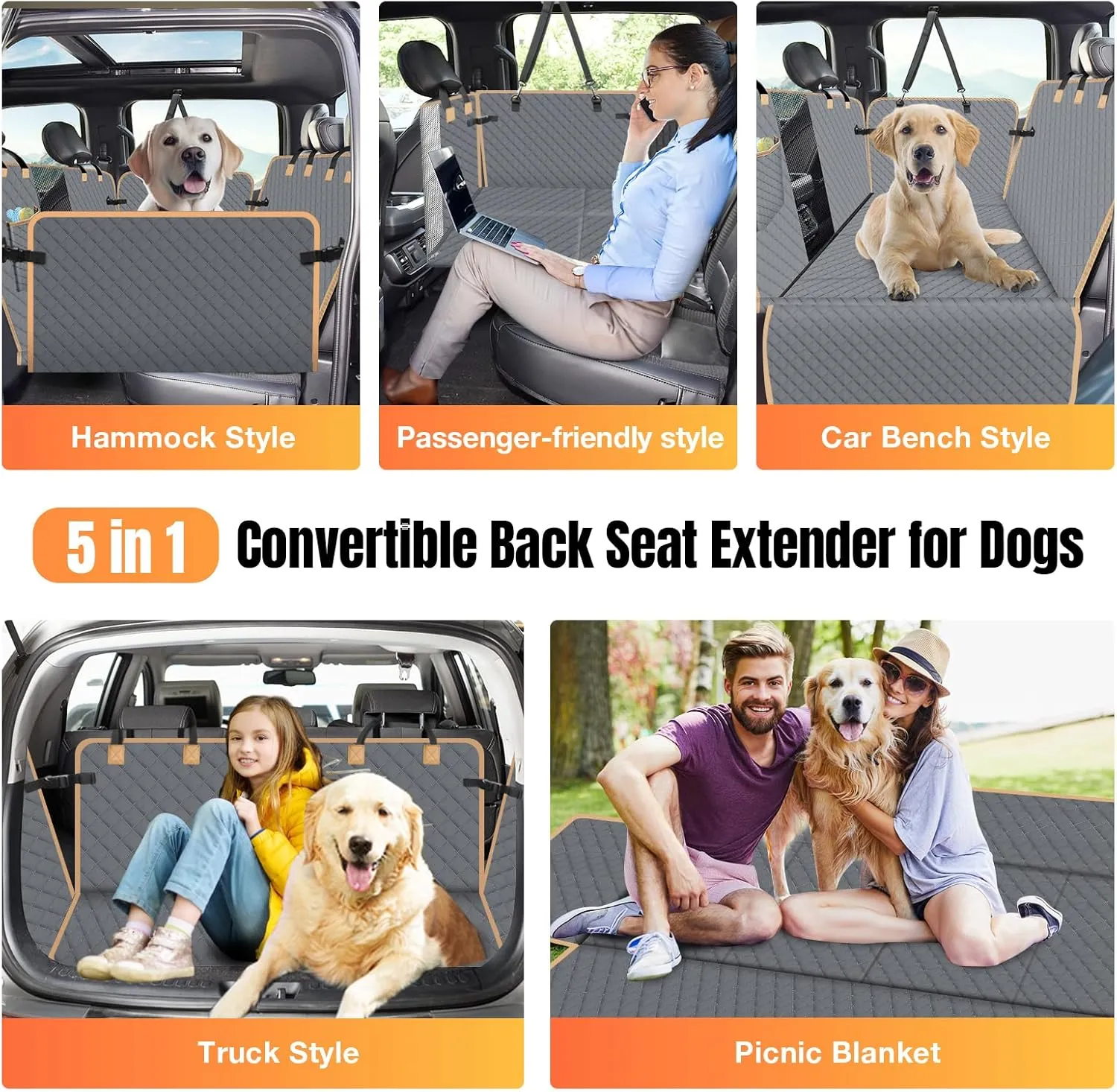 Dog Car Seat Cover for Back Seat, Gray, Universal Fit, Car, Truck, SUV, Van, Limousine, Automotive Pet Seat Cover