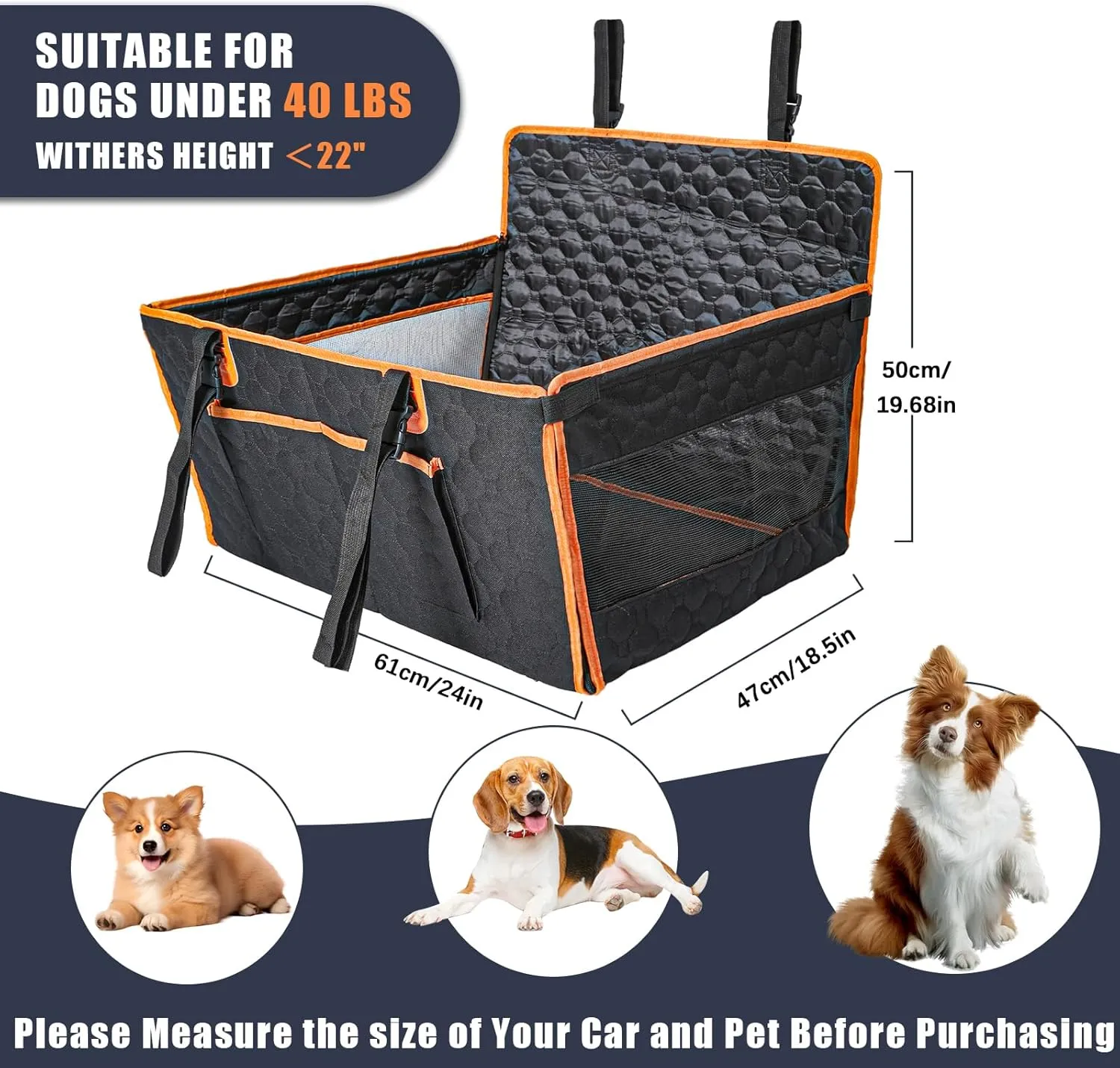Dog Car Seat for Large Medium Dogs, Dog Car Seat Cover for Back Seat, Foldable Pet CarSeat with Safety Belt, Waterproof Fabric & Breathable Mesh, Back Seat Cover for Dogs Under 40lbs (Large, Orange)