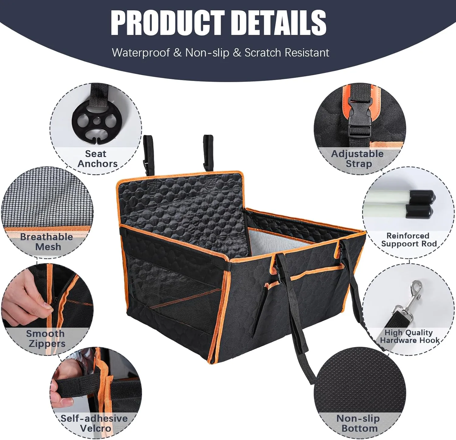 Dog Car Seat for Large Medium Dogs, Dog Car Seat Cover for Back Seat, Foldable Pet CarSeat with Safety Belt, Waterproof Fabric & Breathable Mesh, Back Seat Cover for Dogs Under 40lbs (Large, Orange)