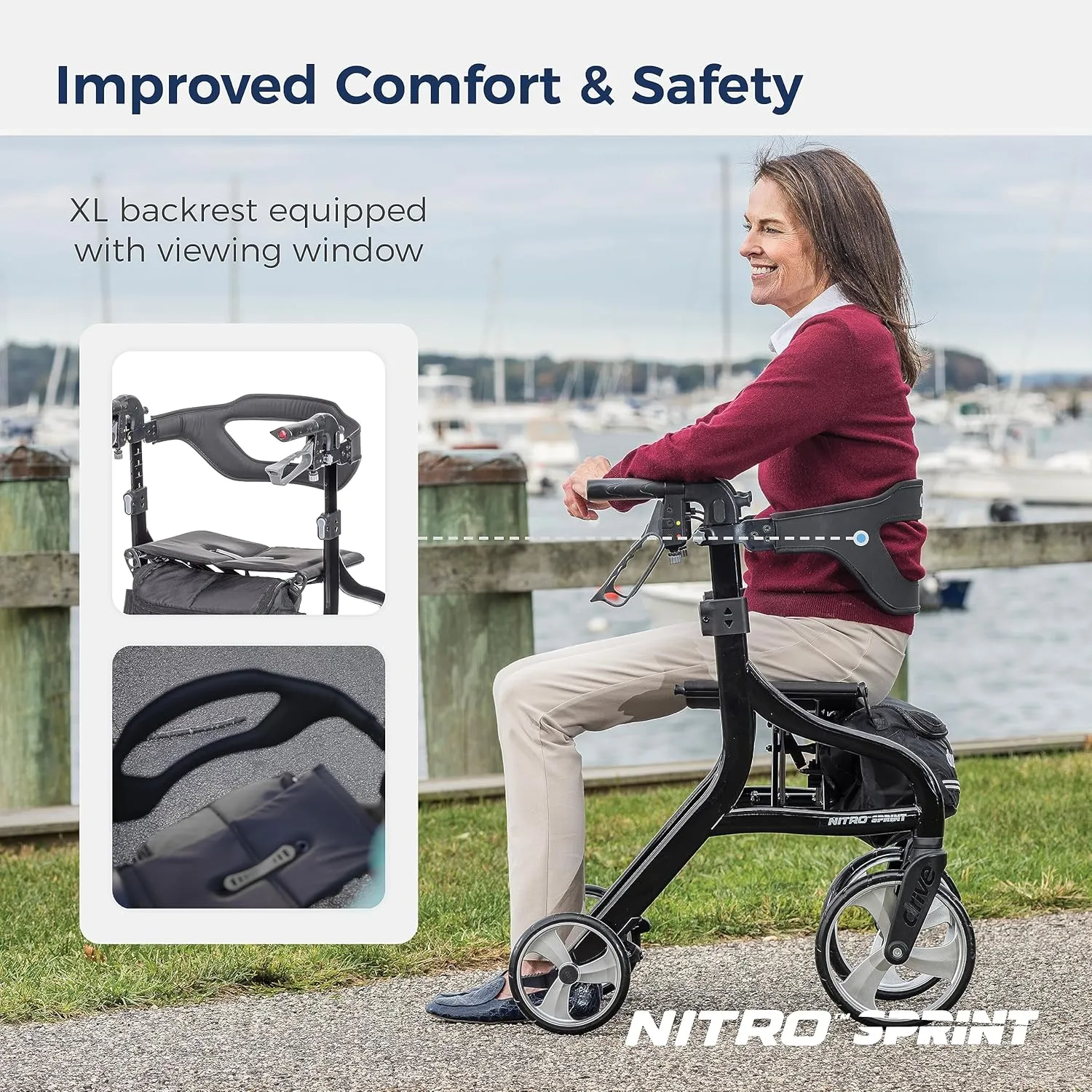 Drive Medical Nitro Sprint Foldable Rollator Walker with Seat, Tall Height Lightweight Rollator with Large Wheels, Folding Rollator, Four Wheel Rolling Walker, Black