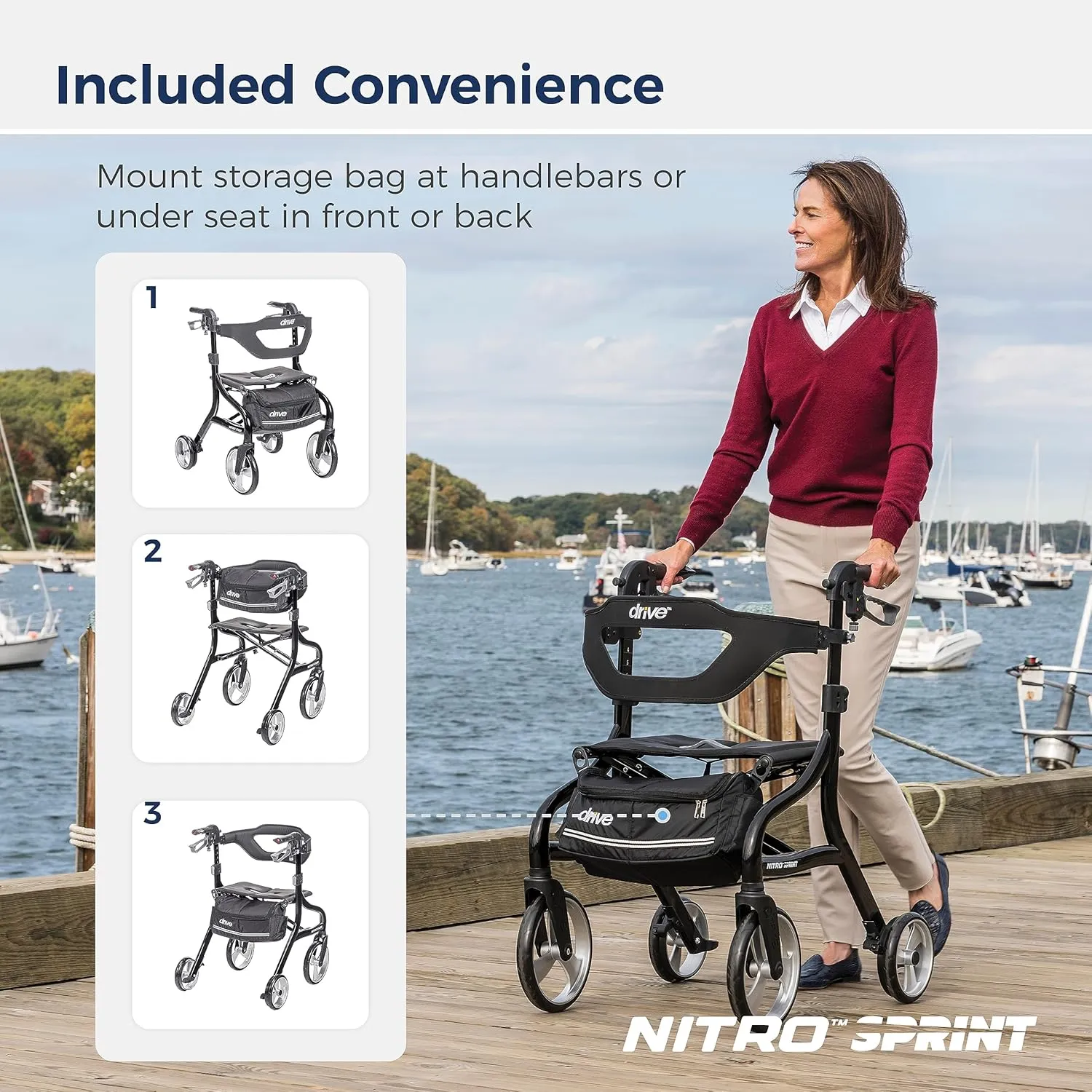 Drive Medical Nitro Sprint Foldable Rollator Walker with Seat, Tall Height Lightweight Rollator with Large Wheels, Folding Rollator, Four Wheel Rolling Walker, Black