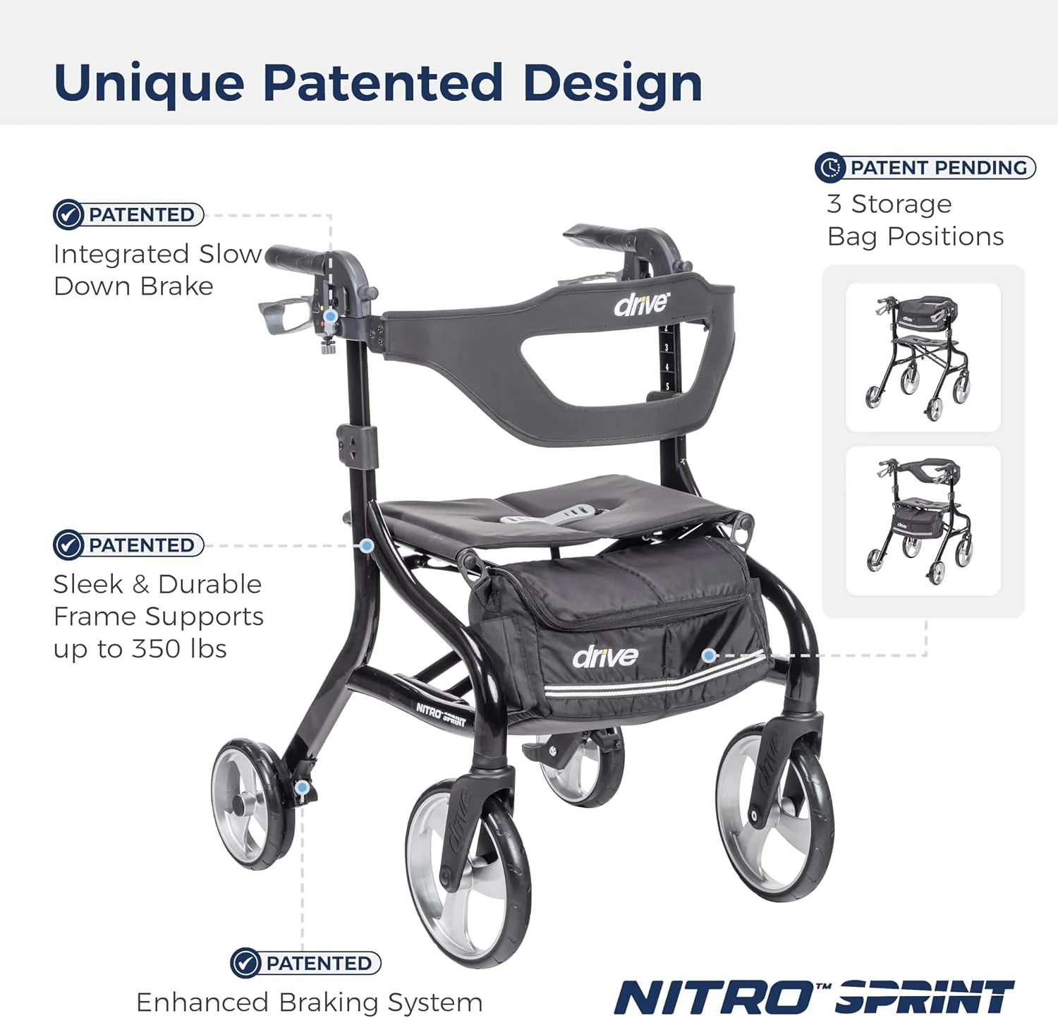 Drive Medical Nitro Sprint Foldable Rollator Walker with Seat, Tall Height Lightweight Rollator with Large Wheels, Folding Rollator, Four Wheel Rolling Walker, Black