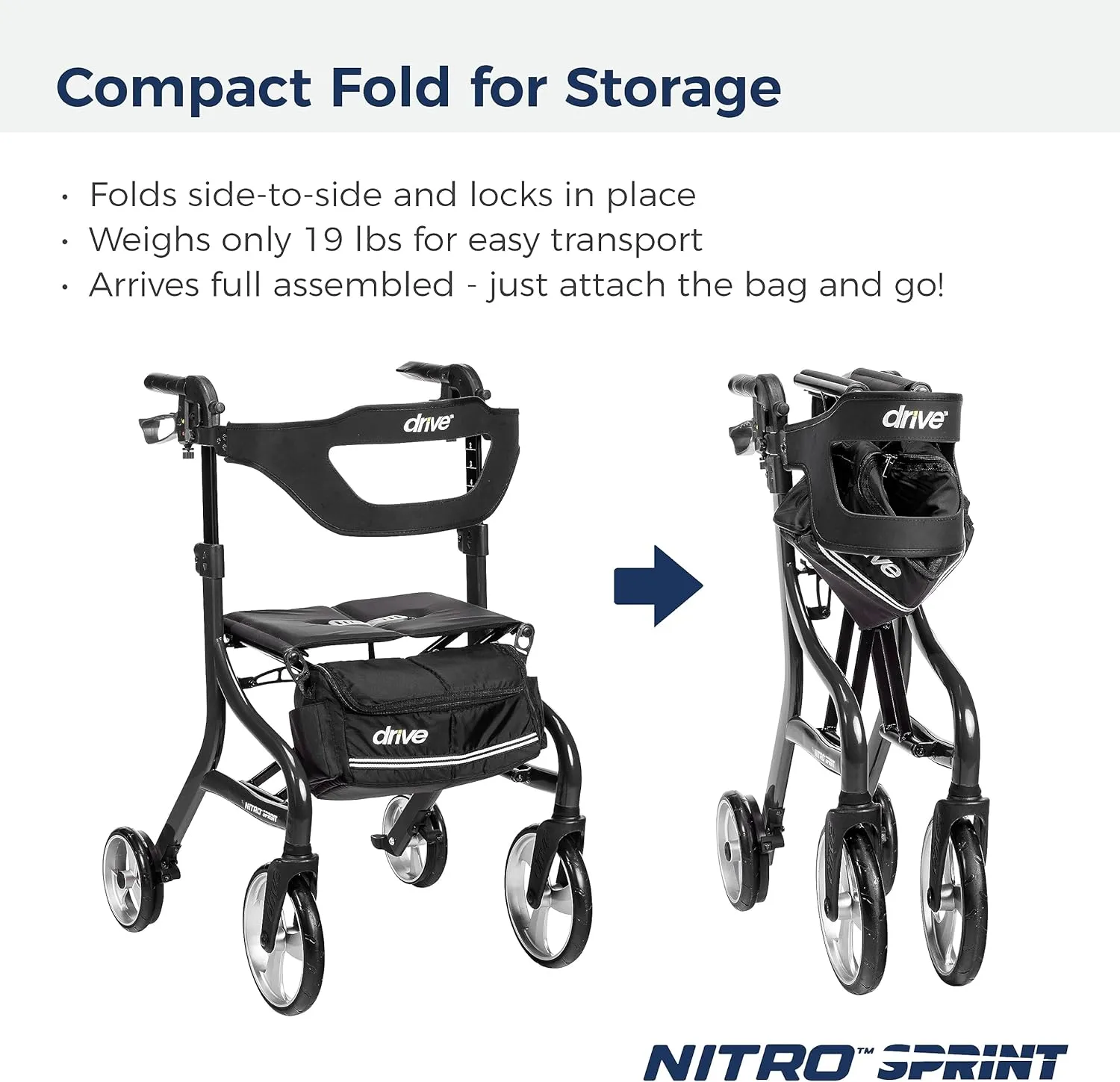 Drive Medical Nitro Sprint Foldable Rollator Walker with Seat, Tall Height Lightweight Rollator with Large Wheels, Folding Rollator, Four Wheel Rolling Walker, Black