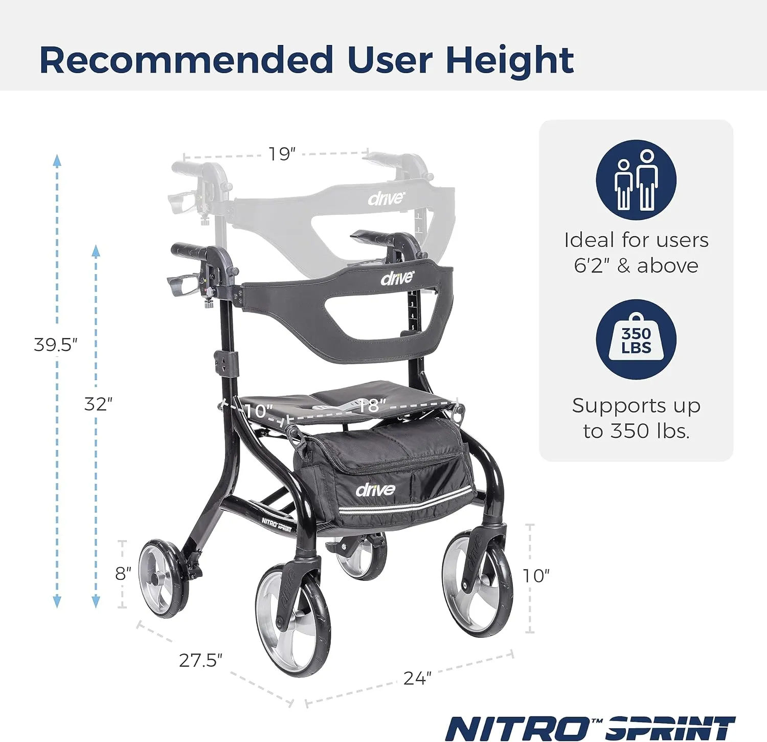 Drive Medical Nitro Sprint Foldable Rollator Walker with Seat, Tall Height Lightweight Rollator with Large Wheels, Folding Rollator, Four Wheel Rolling Walker, Black