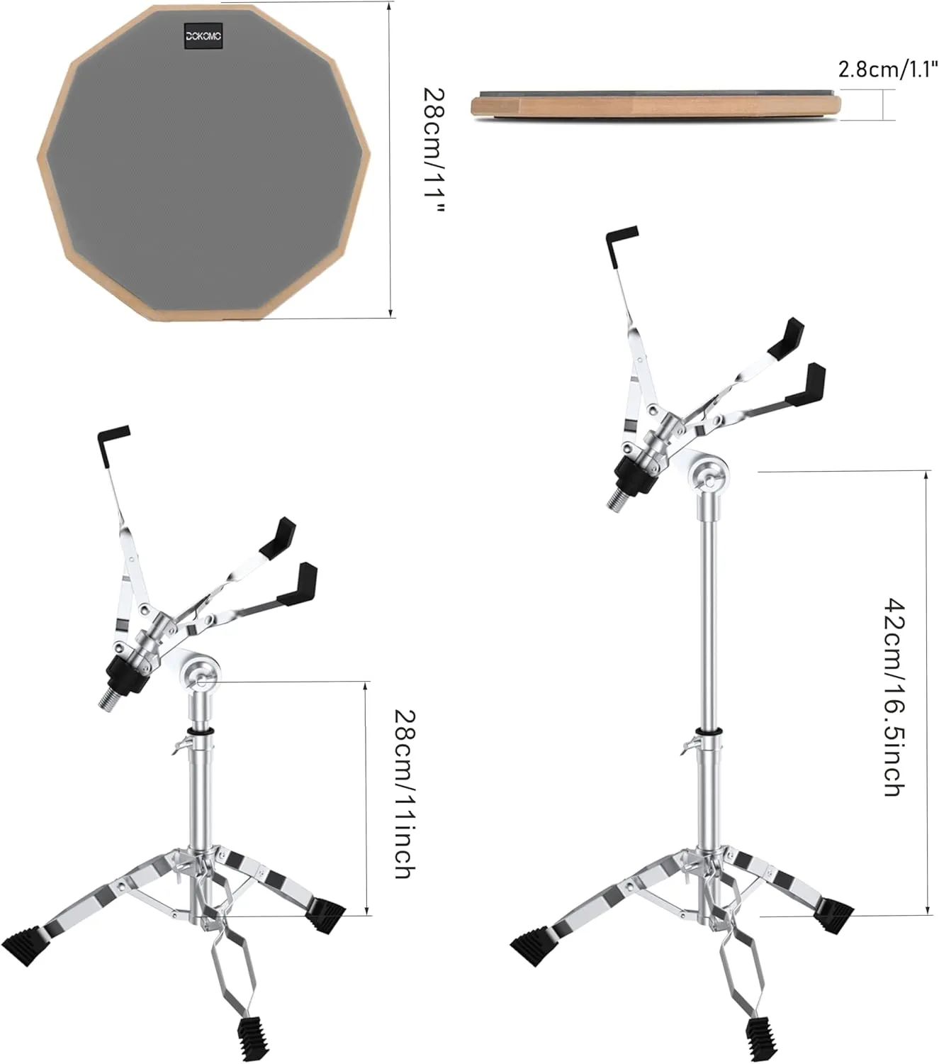 Drum Practice Pad with Snare Drum Stand Set, 12-Inch Double Sided Silent Practice Pad Kit with Drum Sticks, Drumstick Holder, Luminous Carrying Bag, Gray (Fits 8''-15'' Drums)