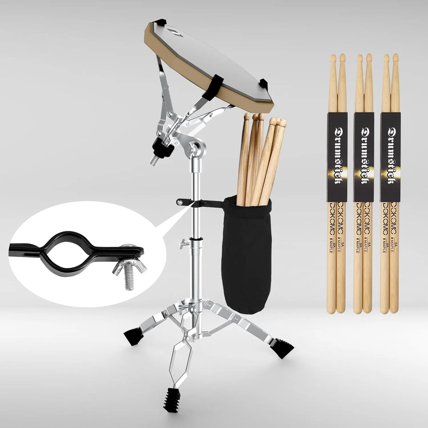 Drum Practice Pad with Snare Drum Stand Set, 12-Inch Double Sided Silent Practice Pad Kit with Drum Sticks, Drumstick Holder, Luminous Carrying Bag, Gray (Fits 8''-15'' Drums)