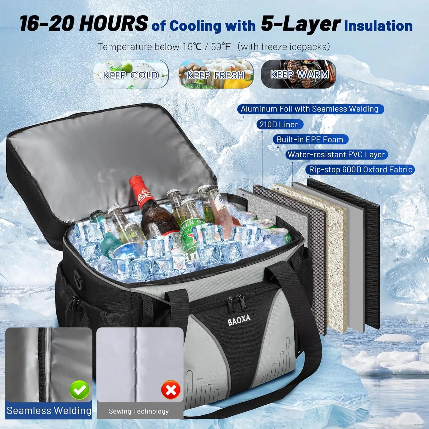 Dual Compartment Soft Sided Cooler Bag, 55 Cans Collapsible Lunch Cooler Bags Insulated, Large Lunch Box for Men, Leak Proof Lunch Bag for Beach Camping Travel Picnic