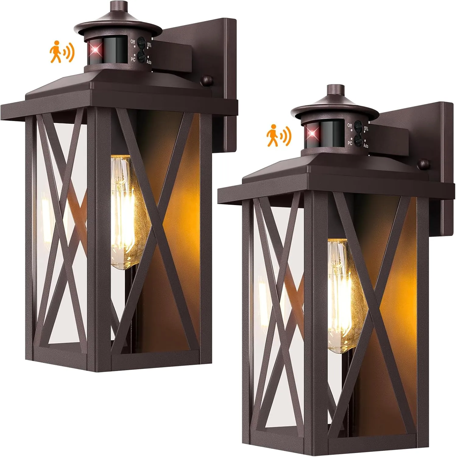 Dusk to Dawn Outdoor Wall Light Fixtures, Motion Sensor Outside Porch Lights, Anti-Rust Exterior Wall Sconces with E26 Base, Waterproof Brown Lanterns for Doorway, House, Patio, Garage, 2-Pack