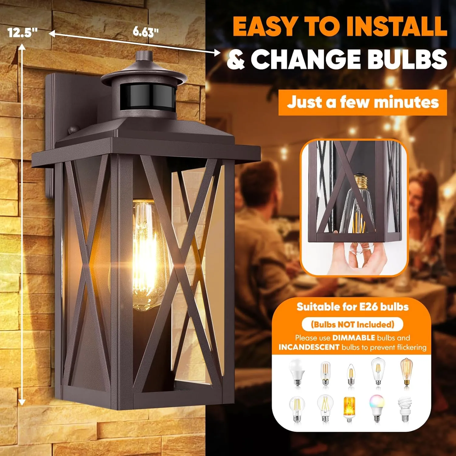 Dusk to Dawn Outdoor Wall Light Fixtures, Motion Sensor Outside Porch Lights, Anti-Rust Exterior Wall Sconces with E26 Base, Waterproof Brown Lanterns for Doorway, House, Patio, Garage, 2-Pack