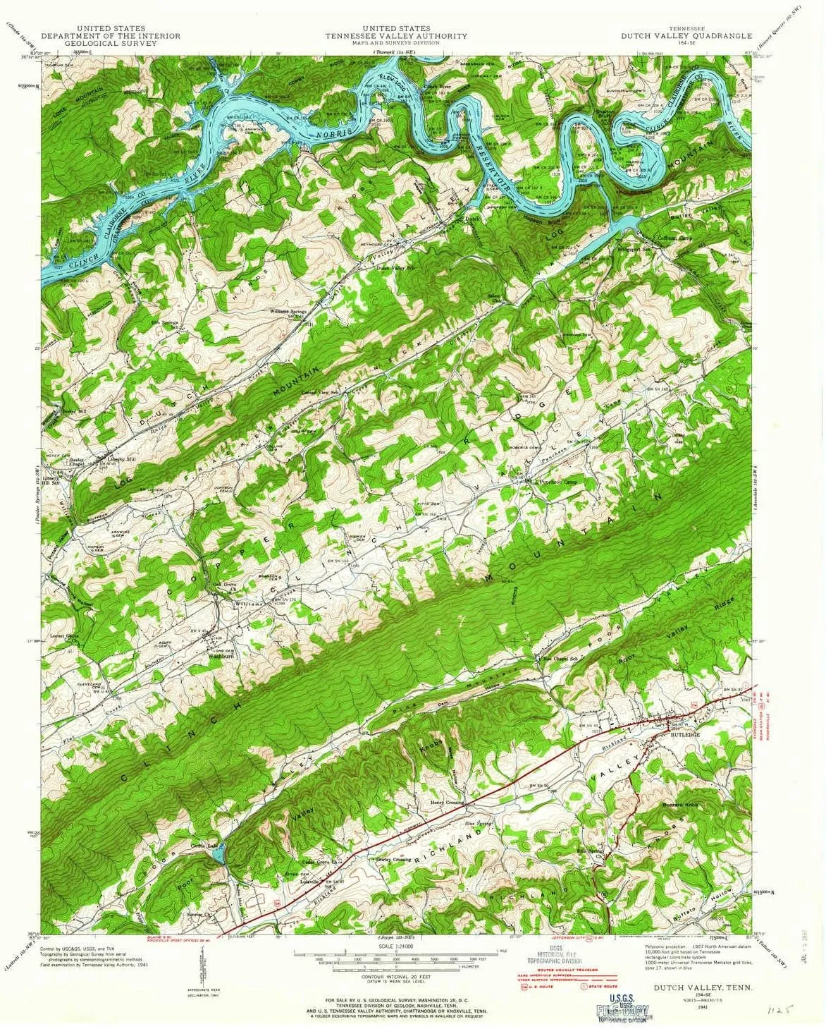 Dutch Valley TN topo map, 1:24000 Scale, 7.5 X 7.5 Minute, Historical, 1941, Updated 1963, 27.3 x 22.1 in