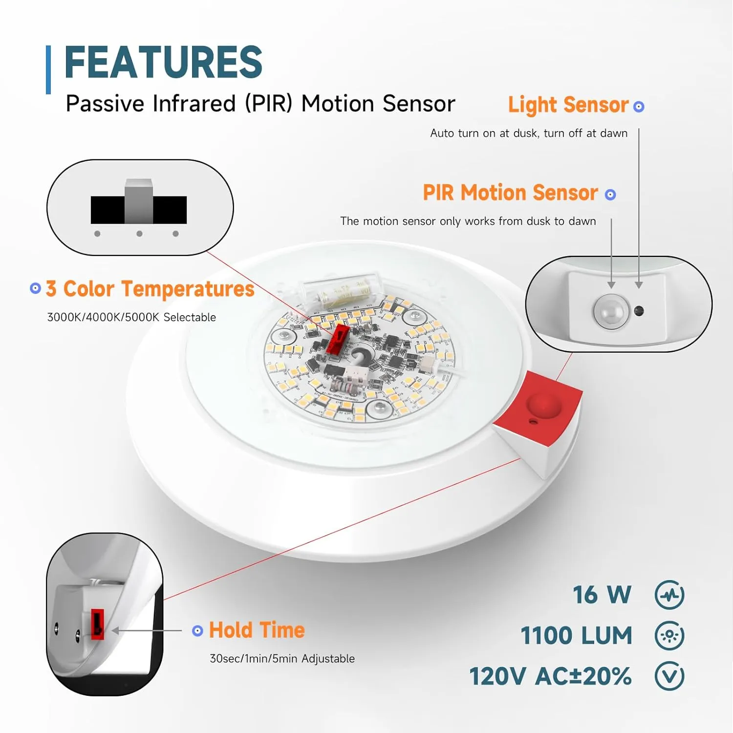 ECOELER PIR Motion Sensor Ceiling Light, 3CCT Selectable Occupancy Light with Time Countdown & Dusk-to-Dawn Sensor, 16W 1000Lm, Hard-Wired Motion Light for Garage, Hallway, Stairwell, 2Pack