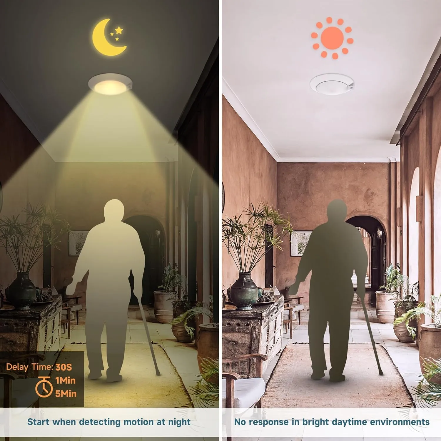 ECOELER PIR Motion Sensor Ceiling Light, 3CCT Selectable Occupancy Light with Time Countdown & Dusk-to-Dawn Sensor, 16W 1000Lm, Hard-Wired Motion Light for Garage, Hallway, Stairwell, 2Pack