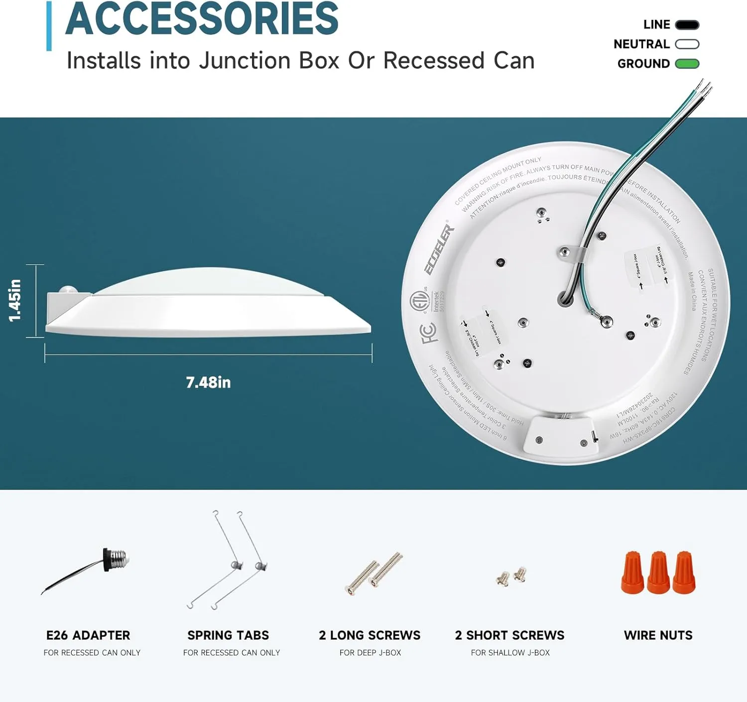 ECOELER PIR Motion Sensor Ceiling Light, 3CCT Selectable Occupancy Light with Time Countdown & Dusk-to-Dawn Sensor, 16W 1000Lm, Hard-Wired Motion Light for Garage, Hallway, Stairwell, 2Pack