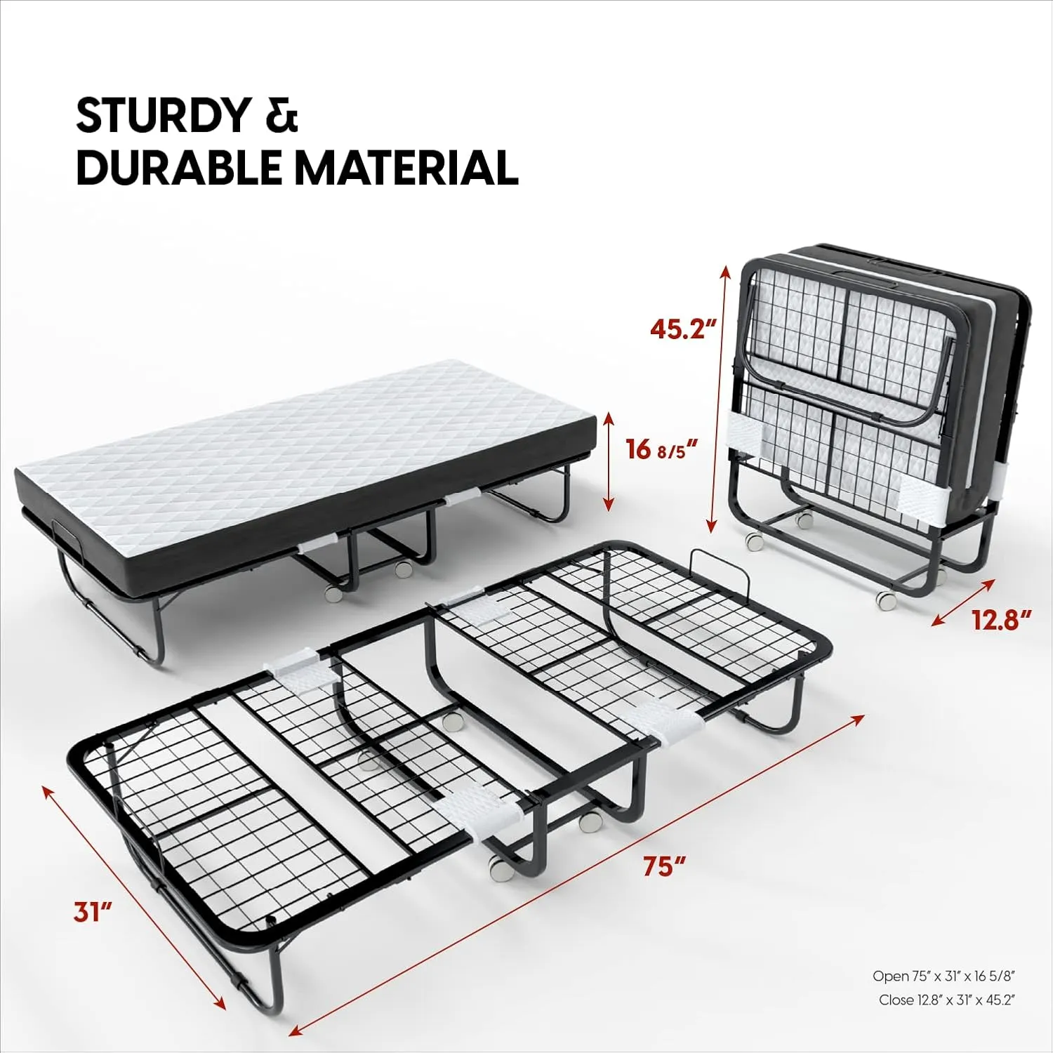 EconoHome Folding Bed with Mattress - 75x31 Cot Size Frame - Portable Rollaway Guest Bed with 5-inch Memory Foam Mattress - Space-Saving Foldable Design for Easy Storage (31 Inch)