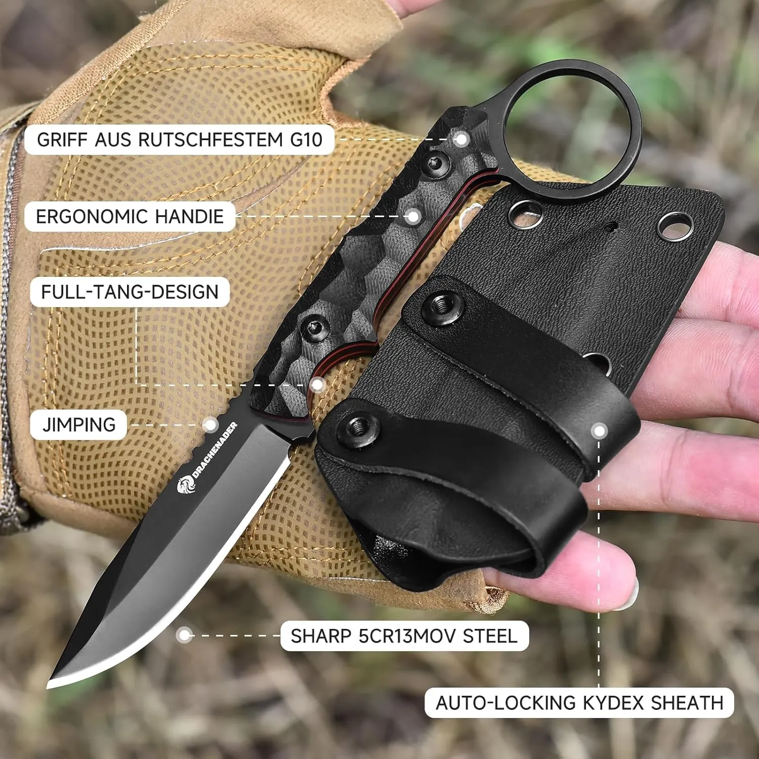 EDC Fixed Blade Knife with Sheath 7.08" Small Horizontal Carry Knifes with Kydex Sheath, Full Tang 5Cr13moV Stainless Steel, Black, Neck Knife, Men Gifts
