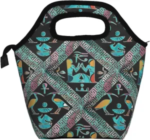 Egyptian hieroglyphs ethnic blue gold Insulated Lunch box Food Bag Handbag lunchbox Cooler warm Pouch Tote bag