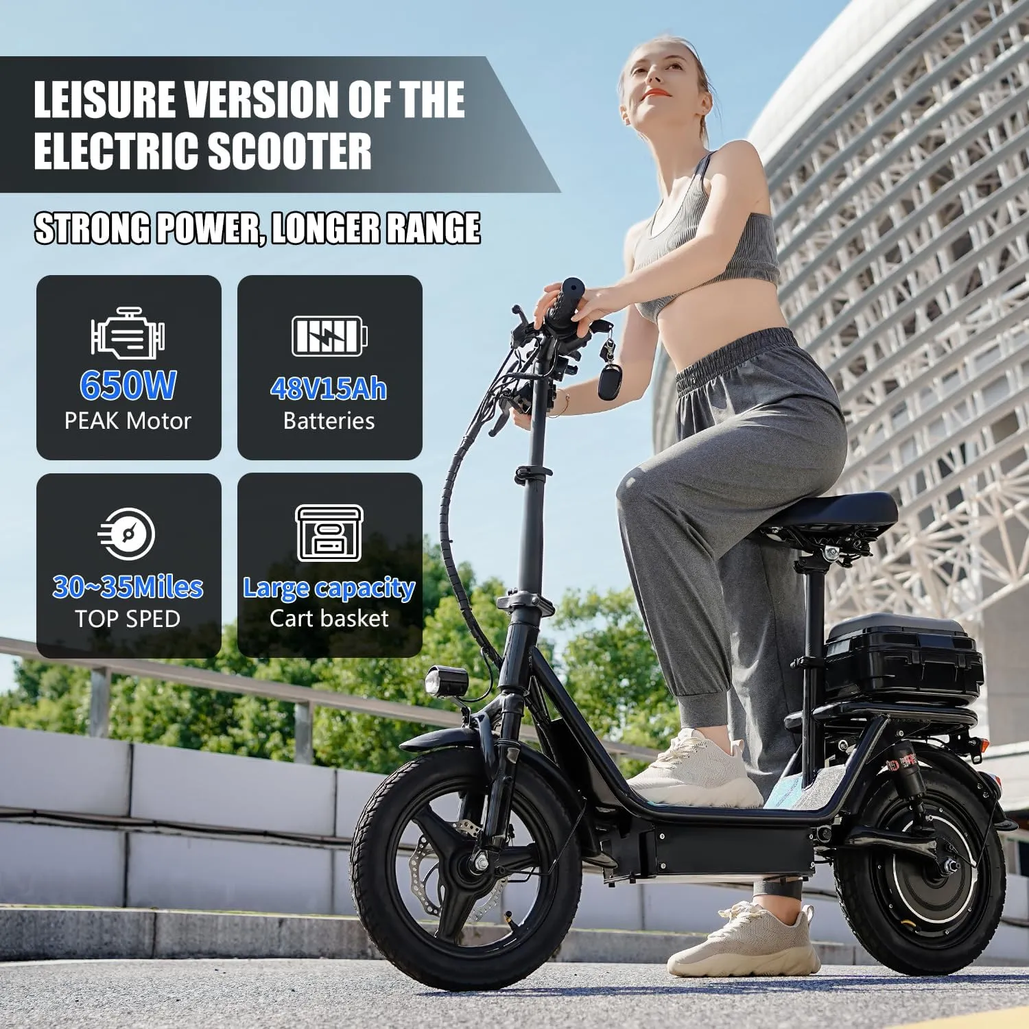 Electric Scooter for Adults, 500W Motor, 20-25 MPH and 20-30 Miles Long Range, 14" Foldable Commuting Electric Scooter with Seat and Basket/Box, Ample Storage for Pet & Cargo