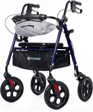 ELENKER All Terrain Rollator Walker with Seat for Seniors, Foldable Rolling Walker, with 10” Big Solid Wheels, Front Pouch, Cup Holder, Fully Adjustment Frame, Blue
