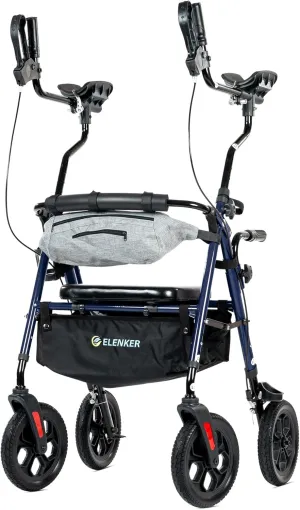 ELENKER All Terrain Upright Rollator Walker with Seat, Foldable Stand Up Walkers for Seniors with Armrest, Front Pouch, 10” Wheels, Fully Adjustment Frame, Blue