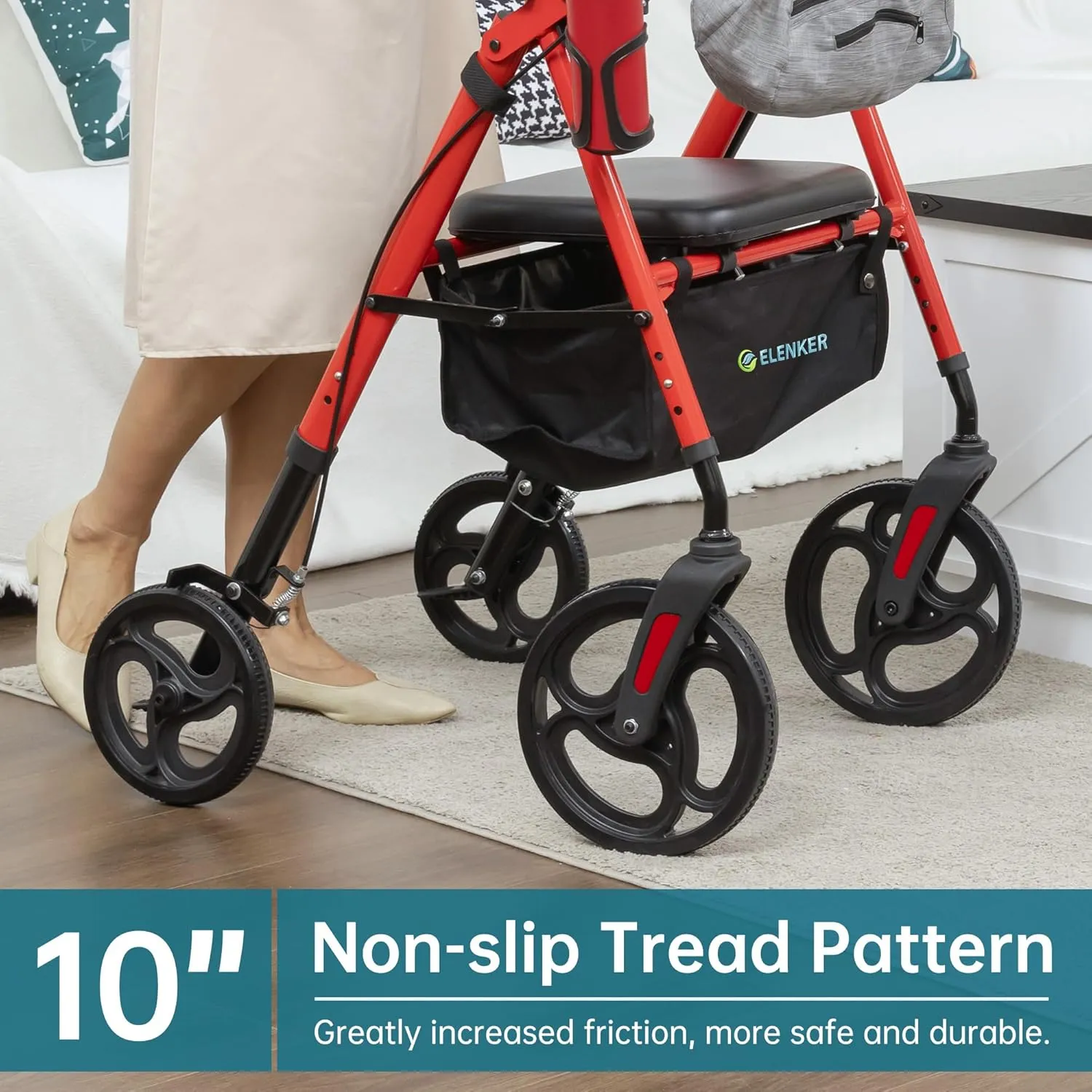 ELENKER Rollator Walker with Front Pouch, 10”Wheels, Sponge Padded Seat and Backrest, Fully Adjustment Frame for Seniors, Red