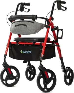 ELENKER Rollator Walker with Front Pouch, 10”Wheels, Sponge Padded Seat and Backrest, Fully Adjustment Frame for Seniors, Red