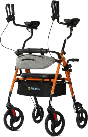 ELENKER Upright Rollator Walker, Stand Up Walkers for Seniors with Armrest, Front Pouch, 10”Wheels, Sponge Padded Seat and Backrest, Fully Adjustment Frame, Orange