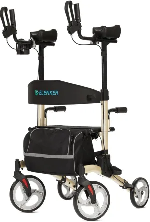 ELENKER Upright Walker, Stand Up Folding Rollator Walker with 10” Front Wheels Backrest Seat and Padded Armrests(Champagne)