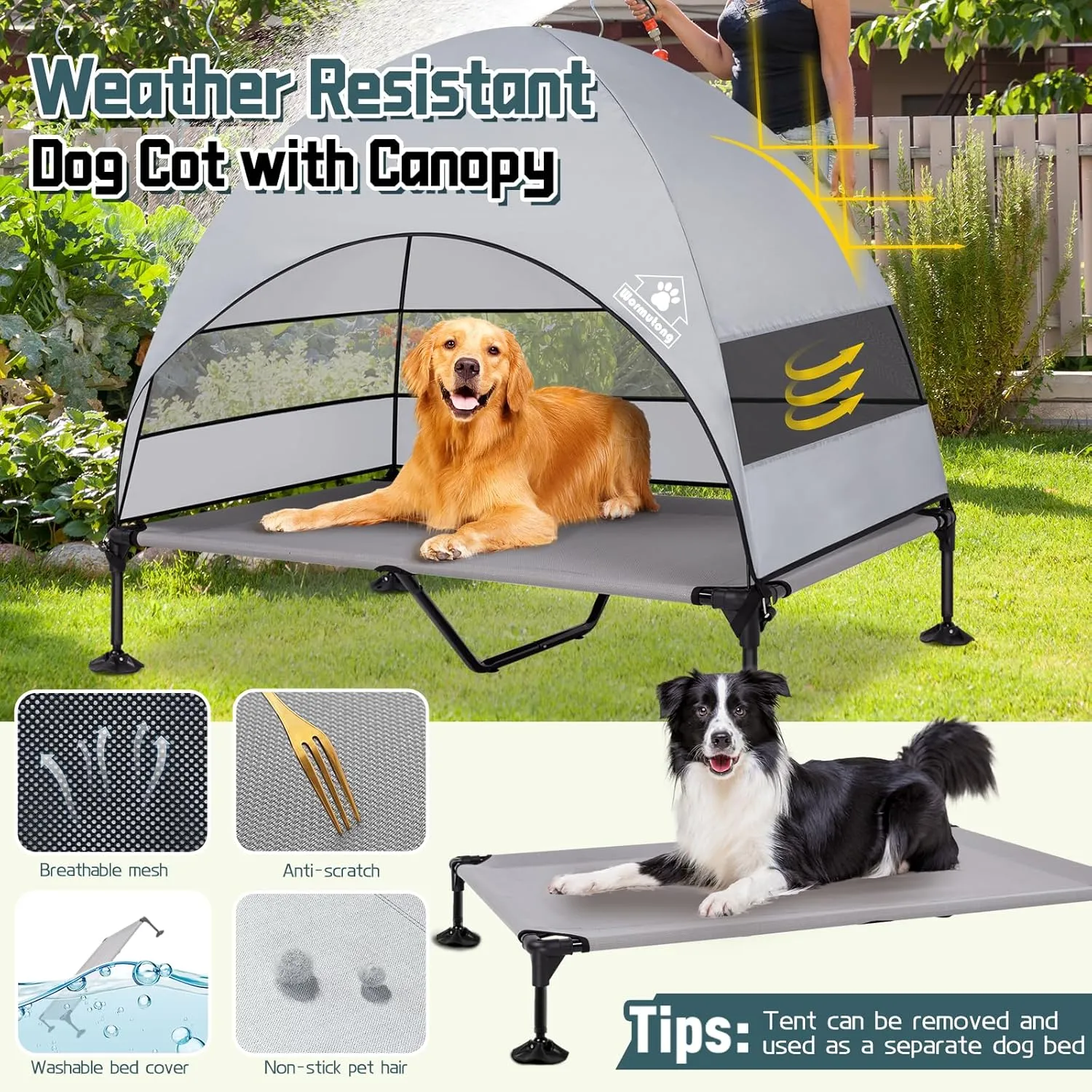 Elevated Outdoor Dog Bed with Canopy & Adjustable Feet - Larger Shade for Camping, Backyard & Patio