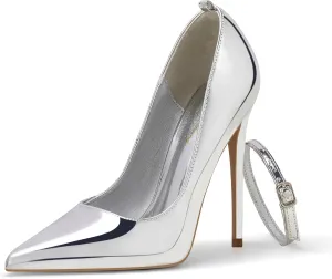 Elisabet Tang Women's Pumps Closed Pointed Toe Heels with Ankle Strap Slip on Stiletto High Heels 5 Inch for Wedding Party Sexy Dress Shoes