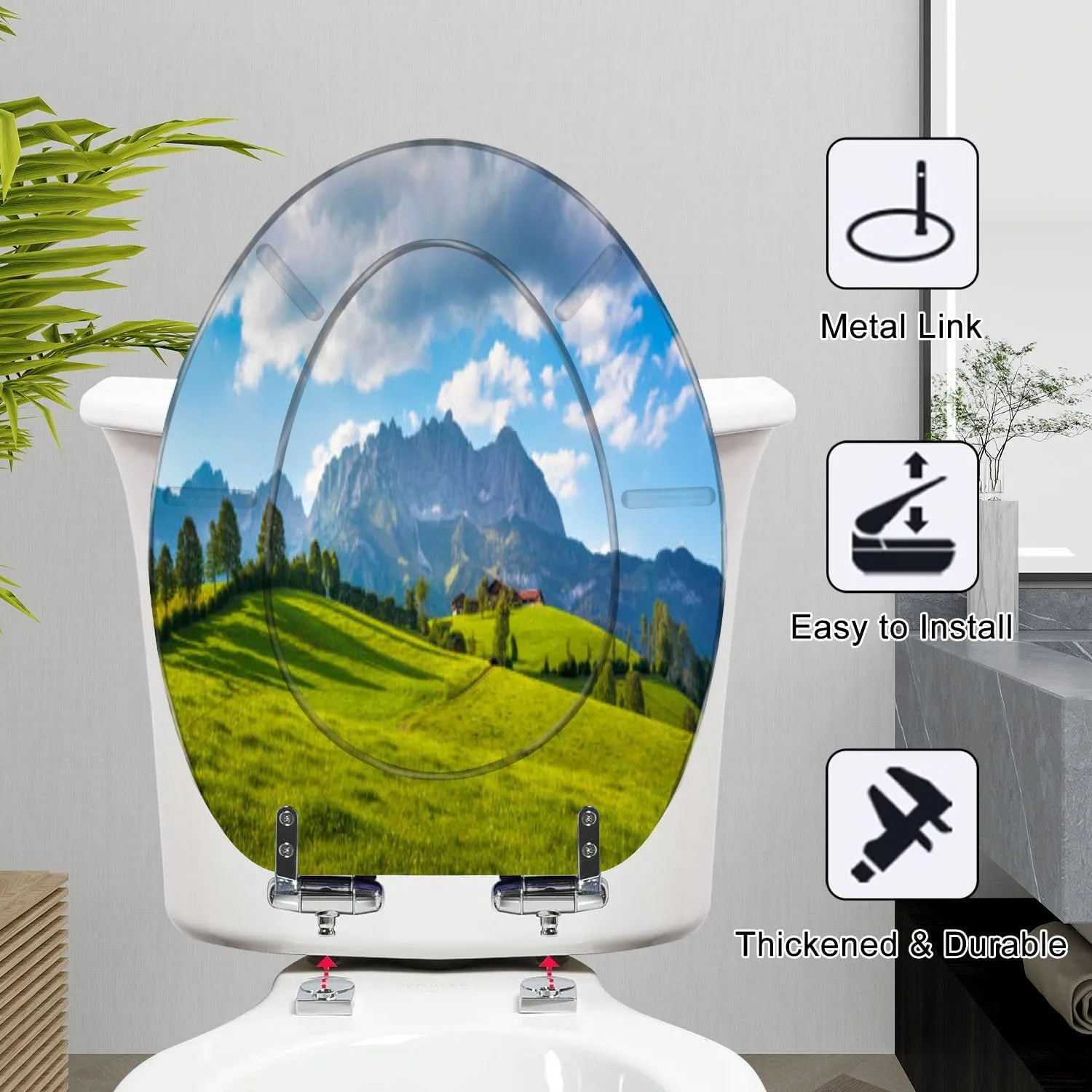 Elongated Toilet Seat Idyllic alpine scenery farmhouse front Wilder Kaiser Austria Tirol Resin Toilet Seat Slow Quiet Close with Quick-Release Hinges Toilet Seat with Cover Easy to Clean Install
