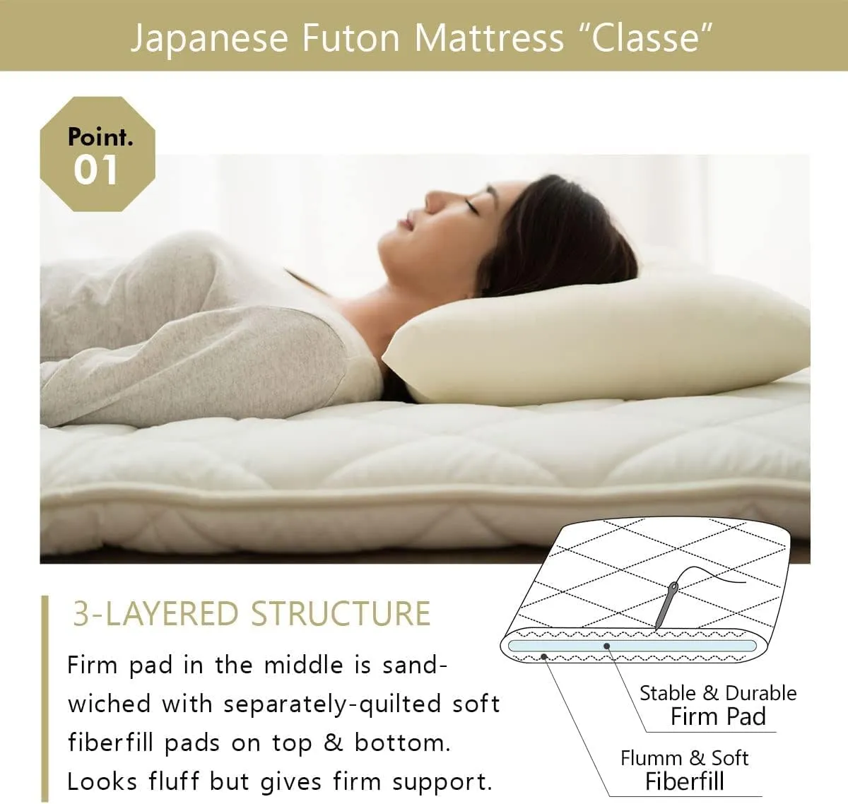 EMOOR Japanese Futon Mattress CLASSE & Foldable Tatami Mat (Igusa Mattress) Twin (39x79in), White Floor Sleeping Bed