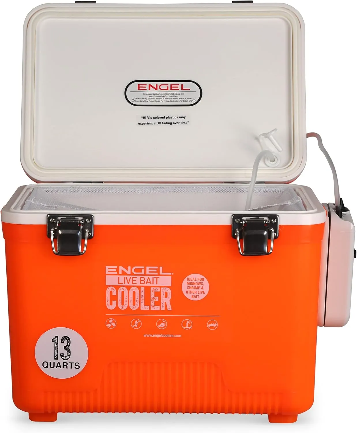 Engel Live Bait Cooler Box with 2nd Gen 2-Speed Aerator Pump - Portable Fishing Station & Minnow Bucket for Shrimp & Other Live Fish with Aerator - ENGLBC-N