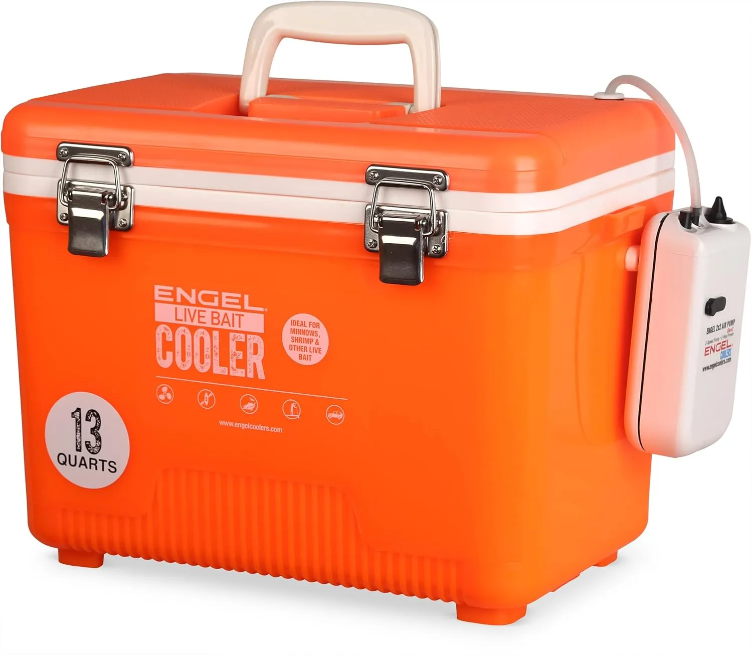 Engel Live Bait Cooler Box with 2nd Gen 2-Speed Aerator Pump - Portable Fishing Station & Minnow Bucket for Shrimp & Other Live Fish with Aerator - ENGLBC-N