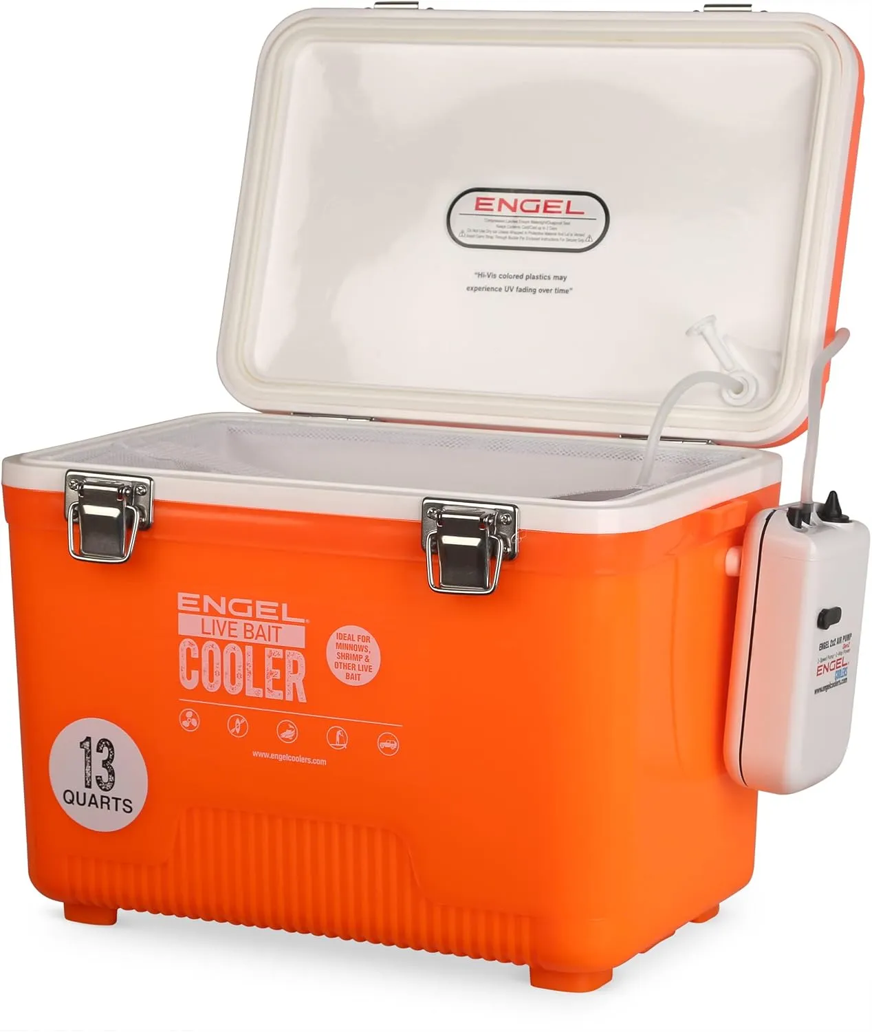 Engel Live Bait Cooler Box with 2nd Gen 2-Speed Aerator Pump - Portable Fishing Station & Minnow Bucket for Shrimp & Other Live Fish with Aerator - ENGLBC-N