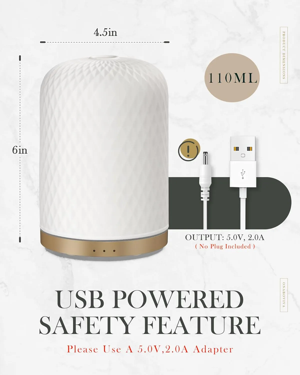 Essential Oil Diffuser,110ML Diffusers for Essential Oils Large Room, Ceramic Diffusers USB Powered Decorative Ultrasonic Defuzzer, Ideal for Aesthetic Home,Dorm Décor, Yoga,White