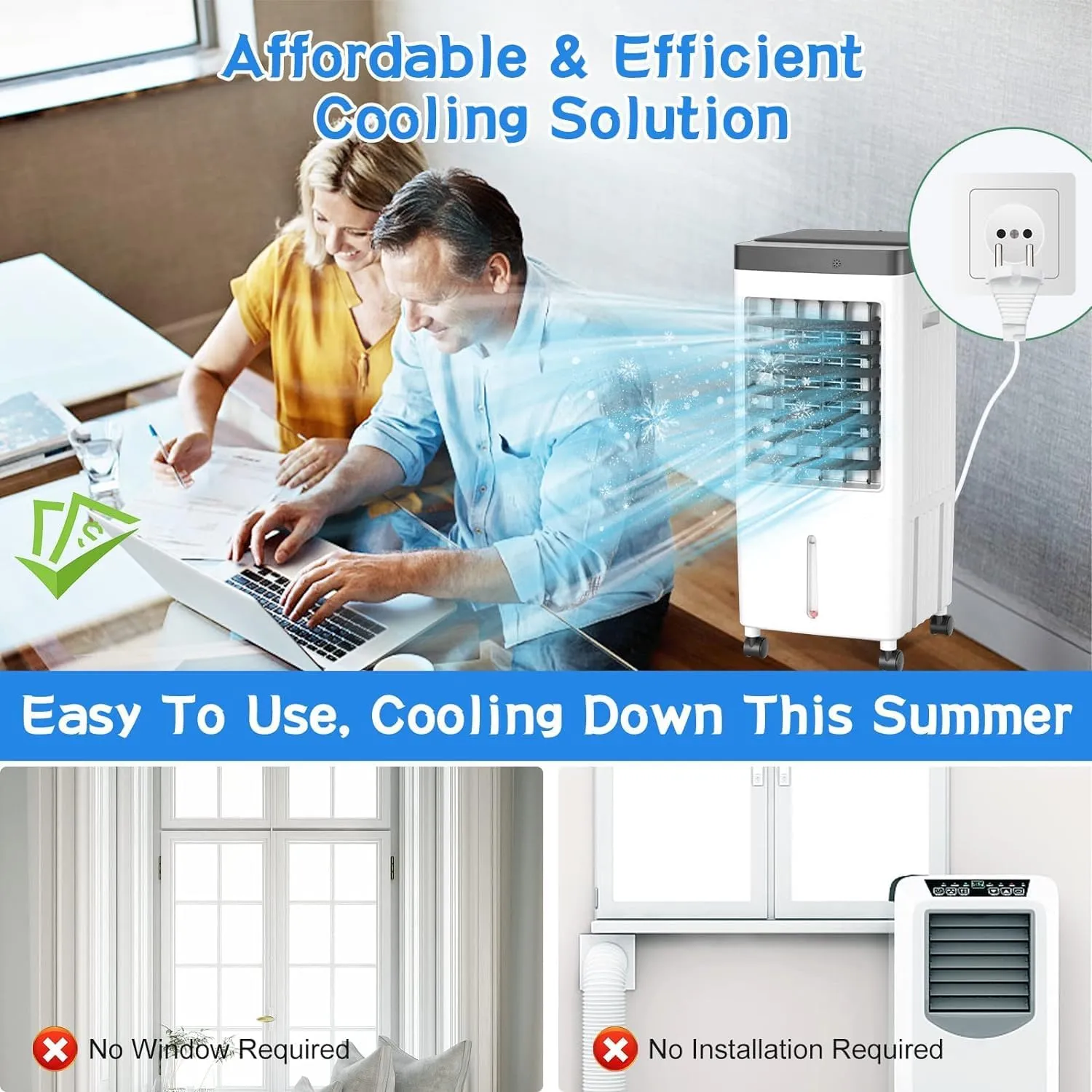 Evaporative Air Cooler, Swamp Cooler with 3 Gal Water Tank, 20H Cooling Time Swamp Cooler Air Conditioner, 80°oscillation,Portable Cooling Fan for Office/Room/Garage/Kitchen/(Include 6 Ice Packs)