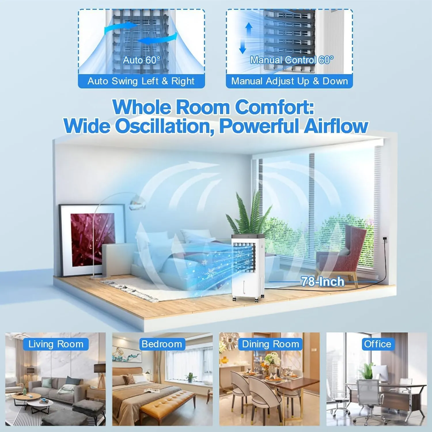 Evaporative Air Cooler, Swamp Cooler with 3 Gal Water Tank, 20H Cooling Time Swamp Cooler Air Conditioner, 80°oscillation,Portable Cooling Fan for Office/Room/Garage/Kitchen/(Include 6 Ice Packs)