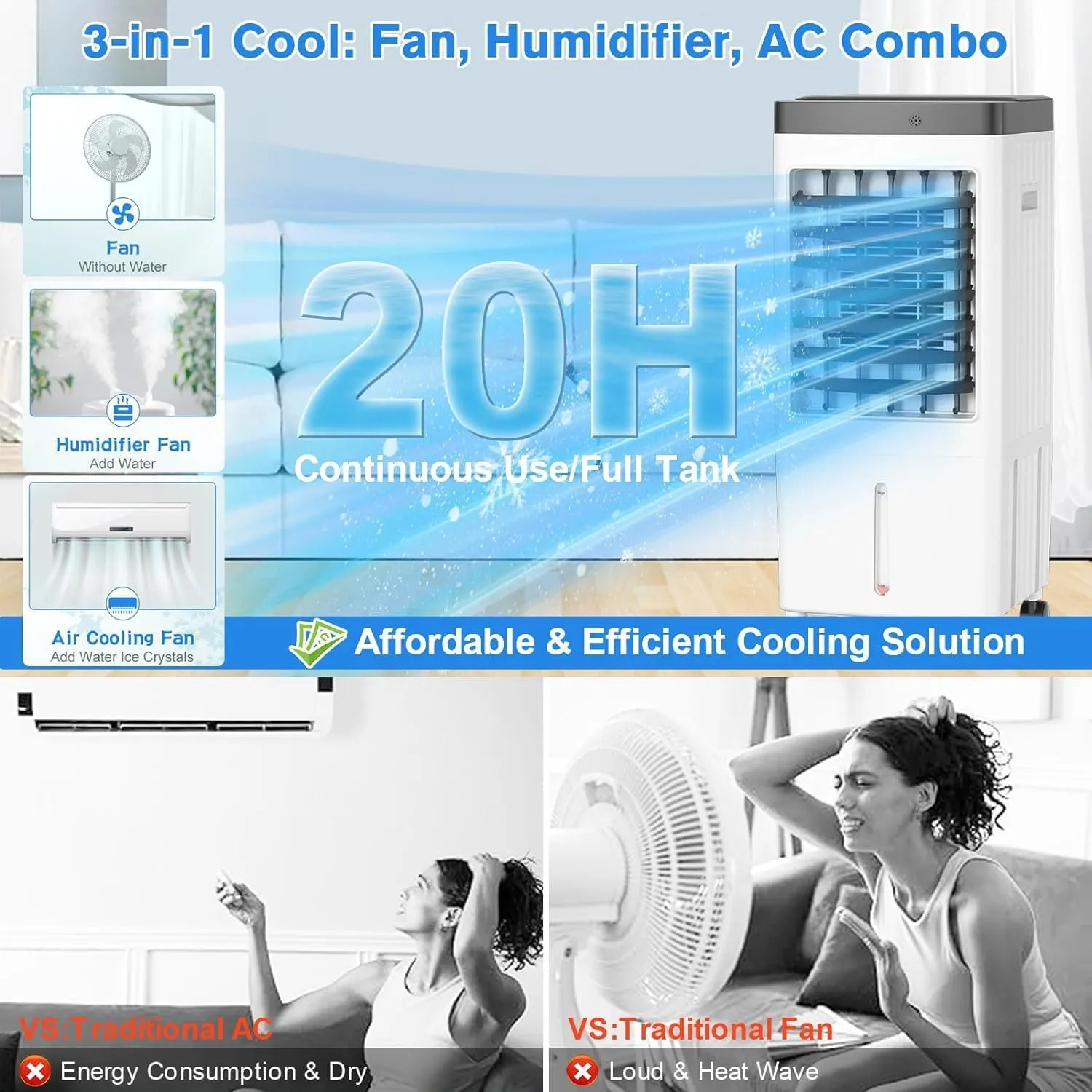 Evaporative Air Cooler, Swamp Cooler with 3 Gal Water Tank, 20H Cooling Time Swamp Cooler Air Conditioner, 80°oscillation,Portable Cooling Fan for Office/Room/Garage/Kitchen/(Include 6 Ice Packs)