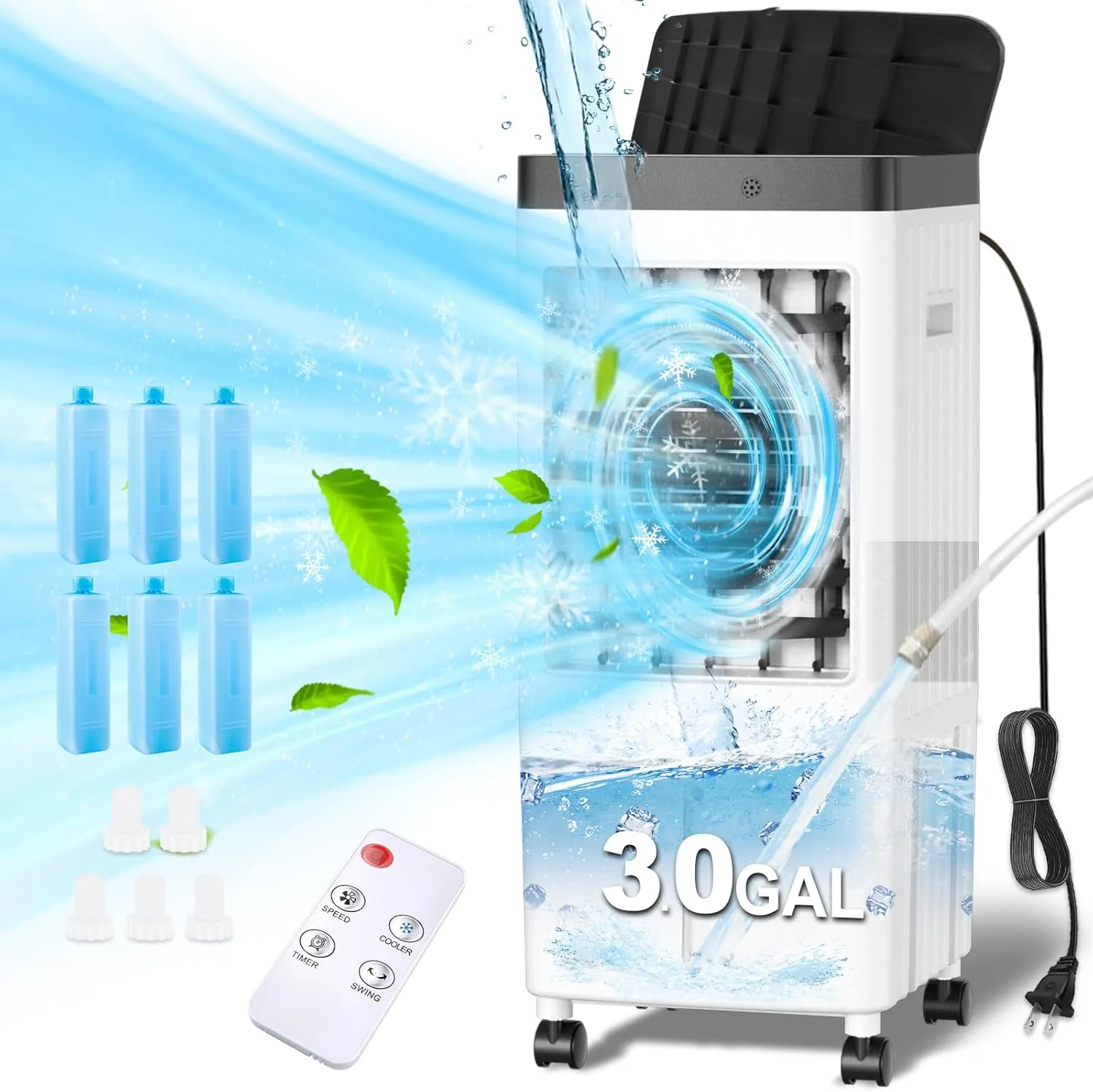 Evaporative Air Cooler, Swamp Cooler with 3 Gal Water Tank, 20H Cooling Time Swamp Cooler Air Conditioner, 80°oscillation,Portable Cooling Fan for Office/Room/Garage/Kitchen/(Include 6 Ice Packs)