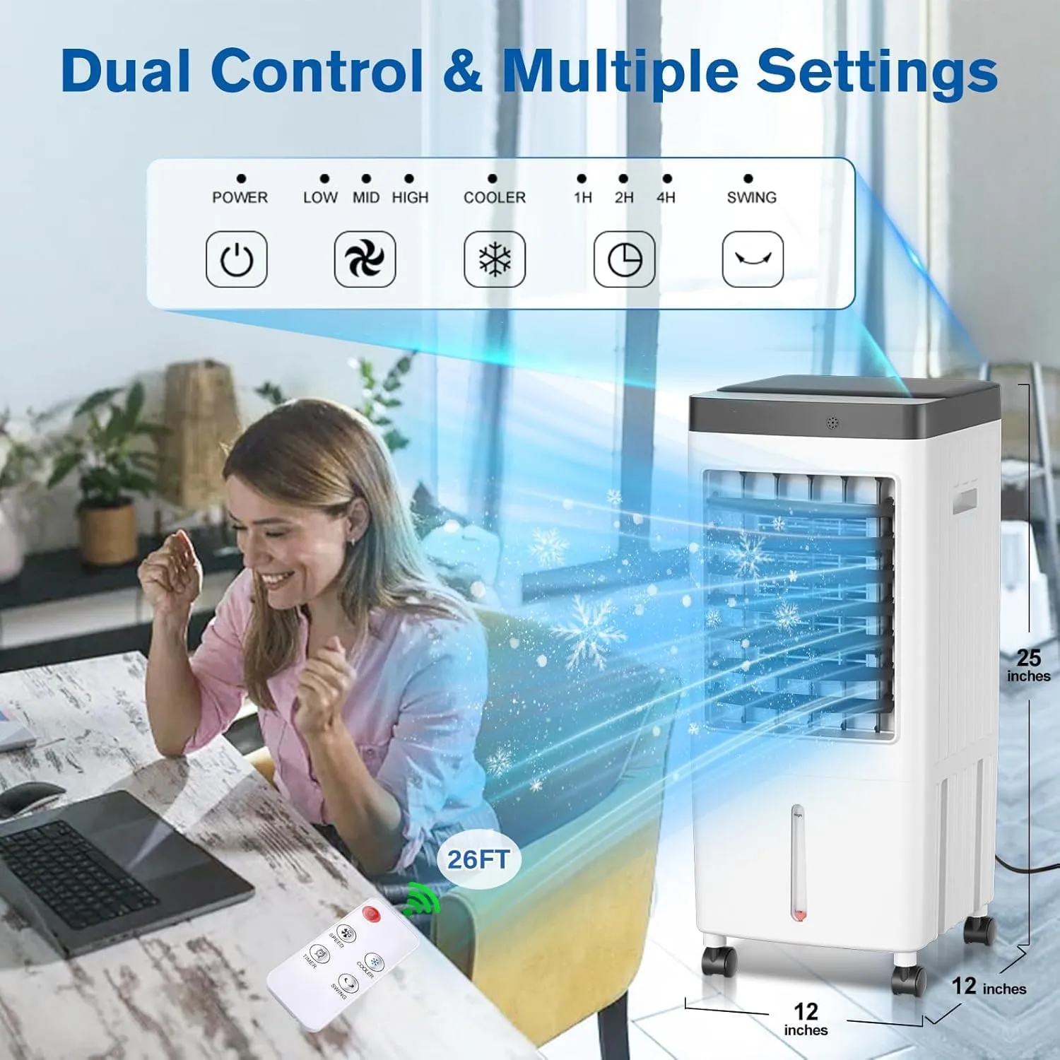 Evaporative Air Cooler, Swamp Cooler with 3 Gal Water Tank, 20H Cooling Time Swamp Cooler Air Conditioner, 80°oscillation,Portable Cooling Fan for Office/Room/Garage/Kitchen/(Include 6 Ice Packs)