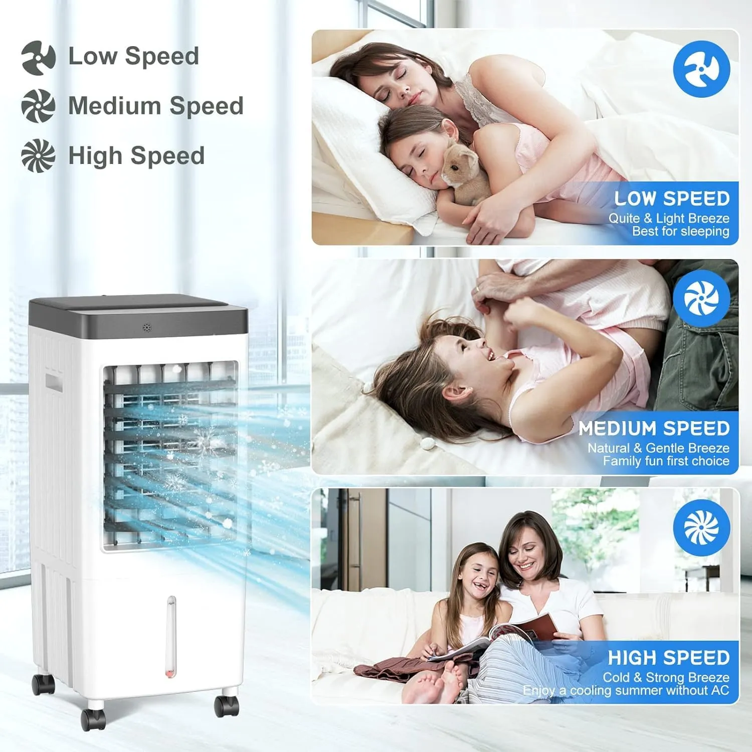Evaporative Air Cooler, Swamp Cooler with 3 Gal Water Tank, 20H Cooling Time Swamp Cooler Air Conditioner, 80°oscillation,Portable Cooling Fan for Office/Room/Garage/Kitchen/(Include 6 Ice Packs)