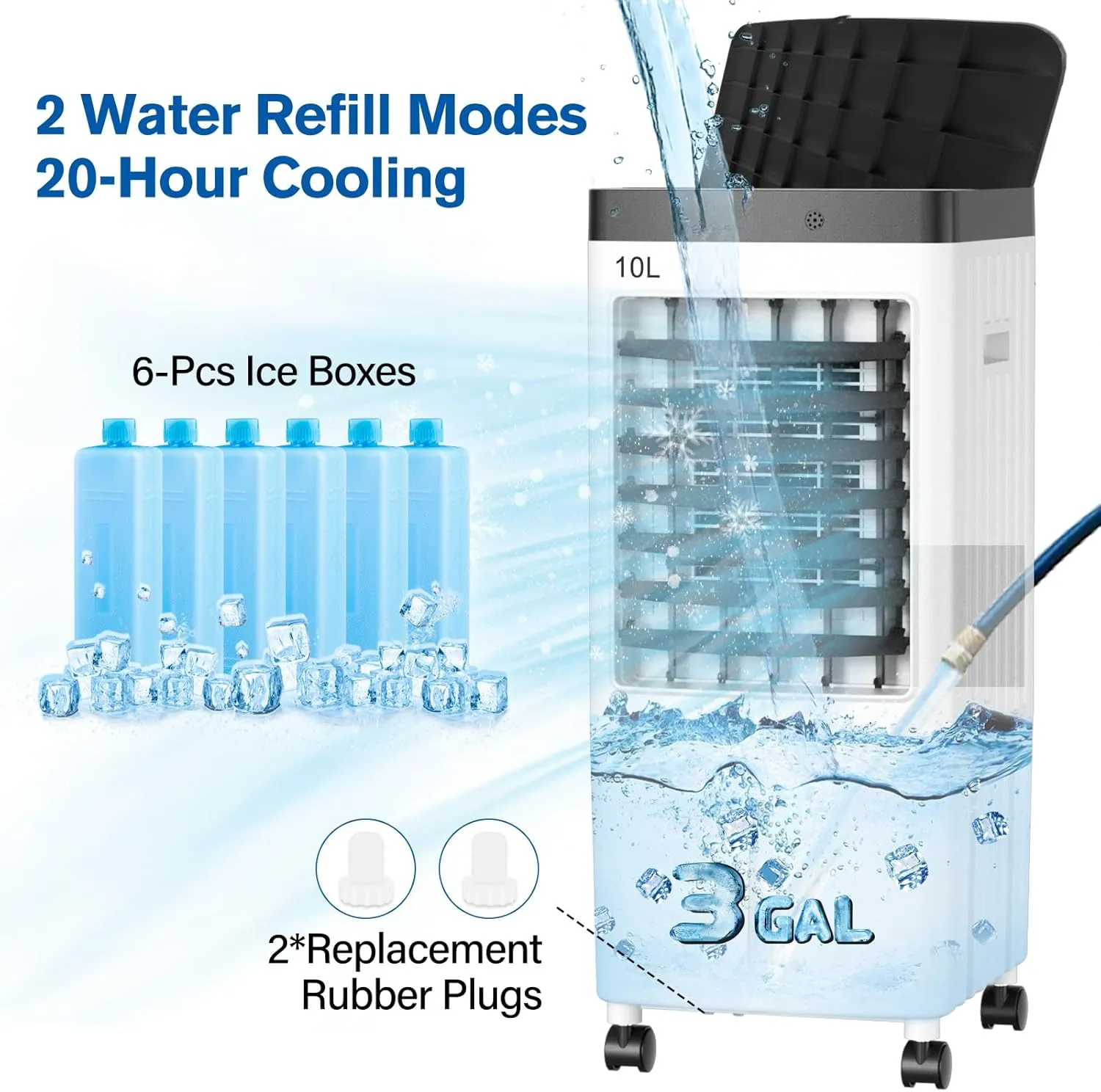 Evaporative Air Cooler, Swamp Cooler with 3 Gal Water Tank, 20H Cooling Time Swamp Cooler Air Conditioner, 80°oscillation,Portable Cooling Fan for Office/Room/Garage/Kitchen/(Include 6 Ice Packs)