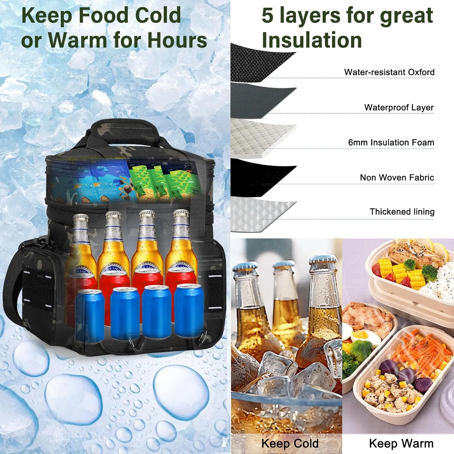 Expandable Tactical Lunch Box, Large Insulated Lunch Cooler Bag Heavy Duty Leakproof Lunch Pail for Men Adults Work Office Outdoor Picnic Trips,16L,Black-Camo