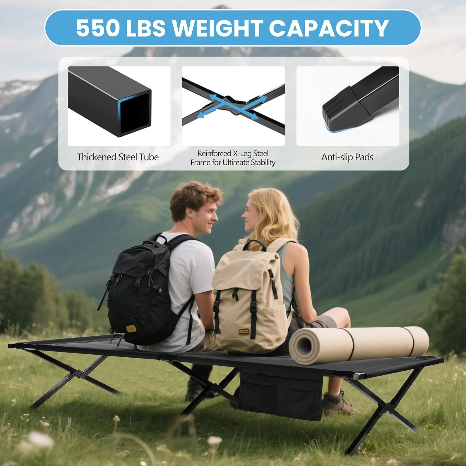 Extra Wide Camping Cot for Adults Oversized Sleeping Cots XXL Folding Bed with Carry Bag Portable Cot for Outdoor,Support to 550 lbs,Black
