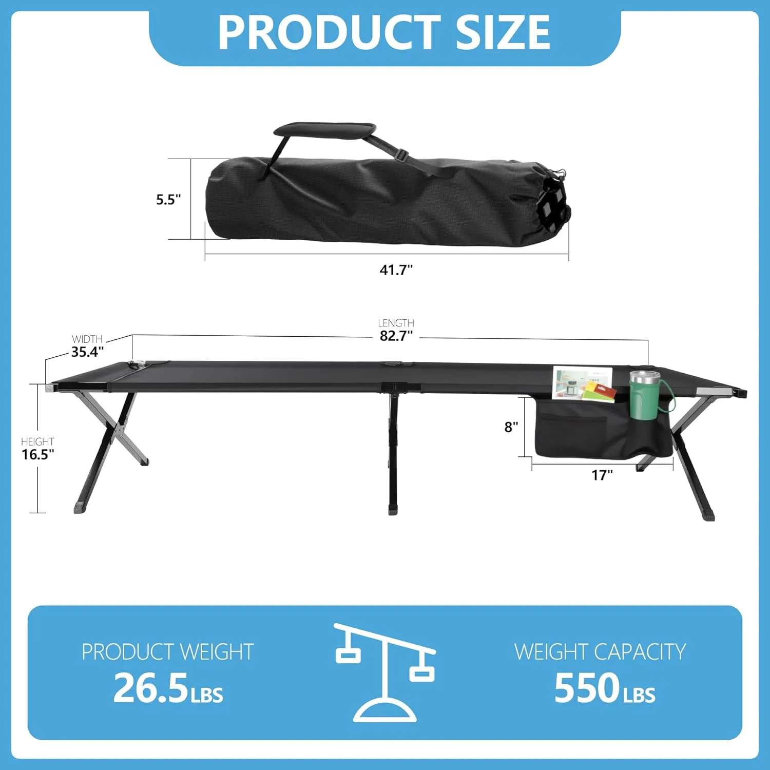 Extra Wide Camping Cot for Adults Oversized Sleeping Cots XXL Folding Bed with Carry Bag Portable Cot for Outdoor,Support to 550 lbs,Black