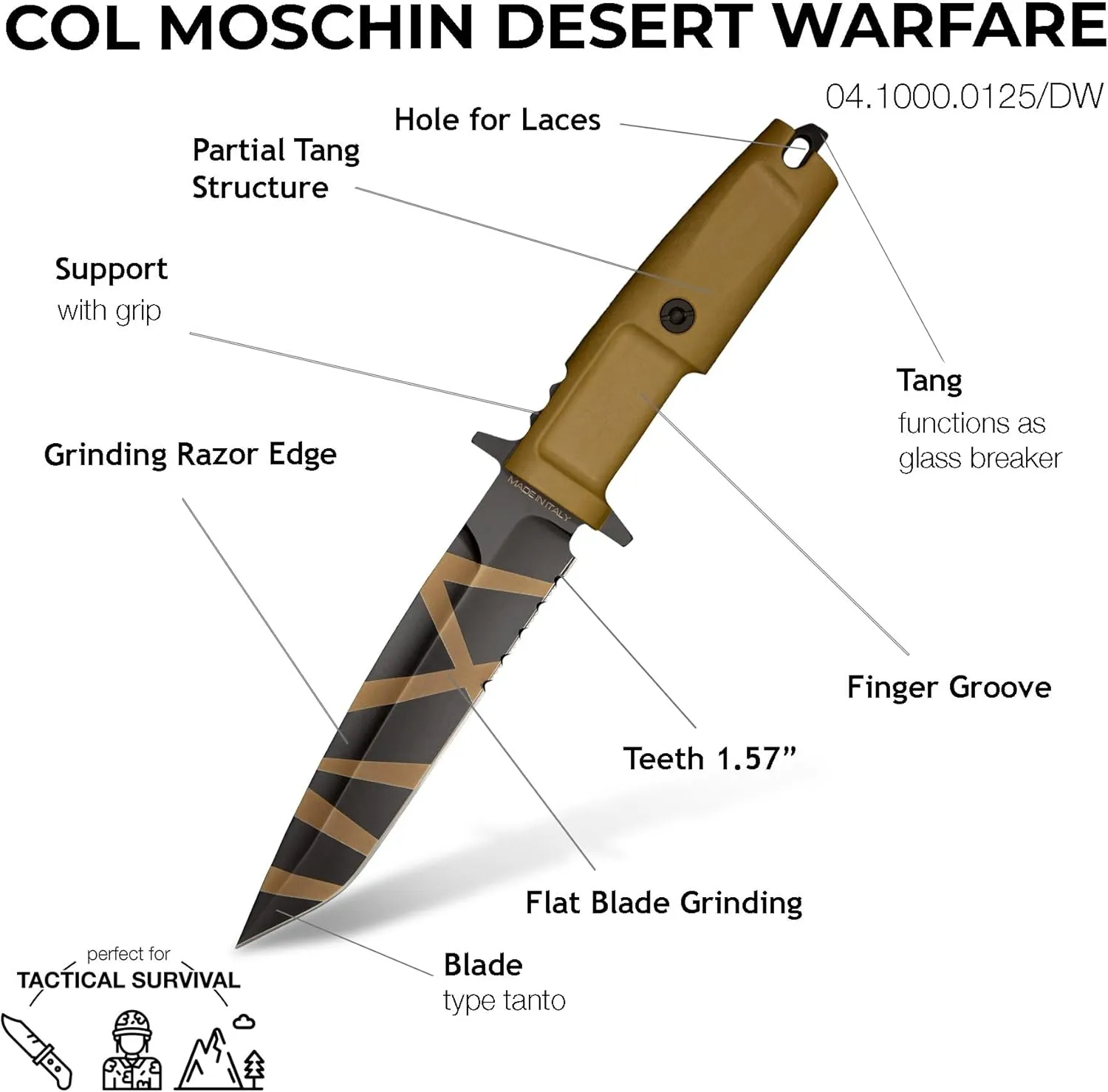 Extrema Ratio - Col Moschin (Desert) Fixed Blade Knife, Böhler N690 Steel Blade 58 HRC, Desert Finish, Ergonomic Handle, Precision Edge Retention, Durable and Versatile, Italian Craftsmanship