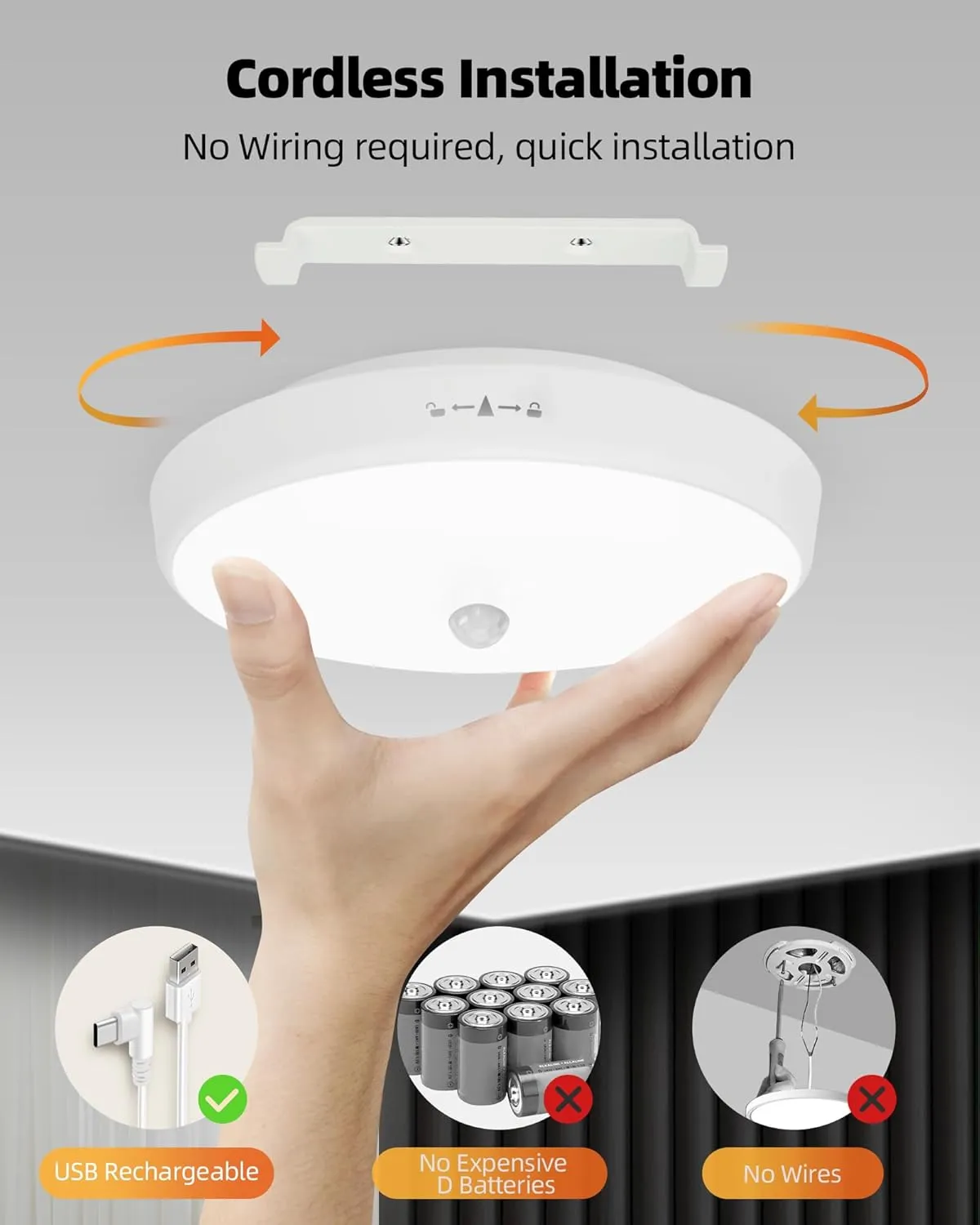 EZVALO Rechargeable Motion Sensor Ceiling Light, 10000mAh Wireless Closet Lights, Battery Operated Ceiling Light with Remote, 400 LM Motion Activated Lights for Pantry, Shower, Stairs, Garage 2Pack