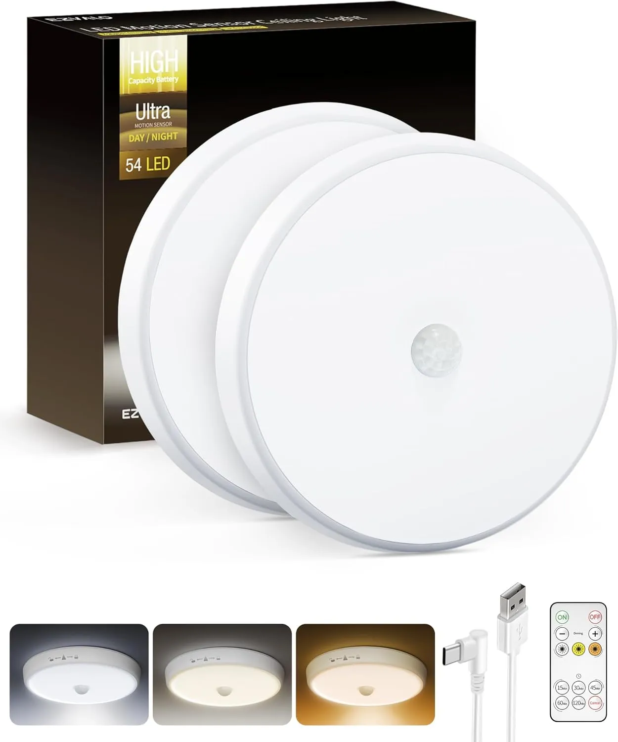 EZVALO Rechargeable Motion Sensor Ceiling Light, 10000mAh Wireless Closet Lights, Battery Operated Ceiling Light with Remote, 400 LM Motion Activated Lights for Pantry, Shower, Stairs, Garage 2Pack