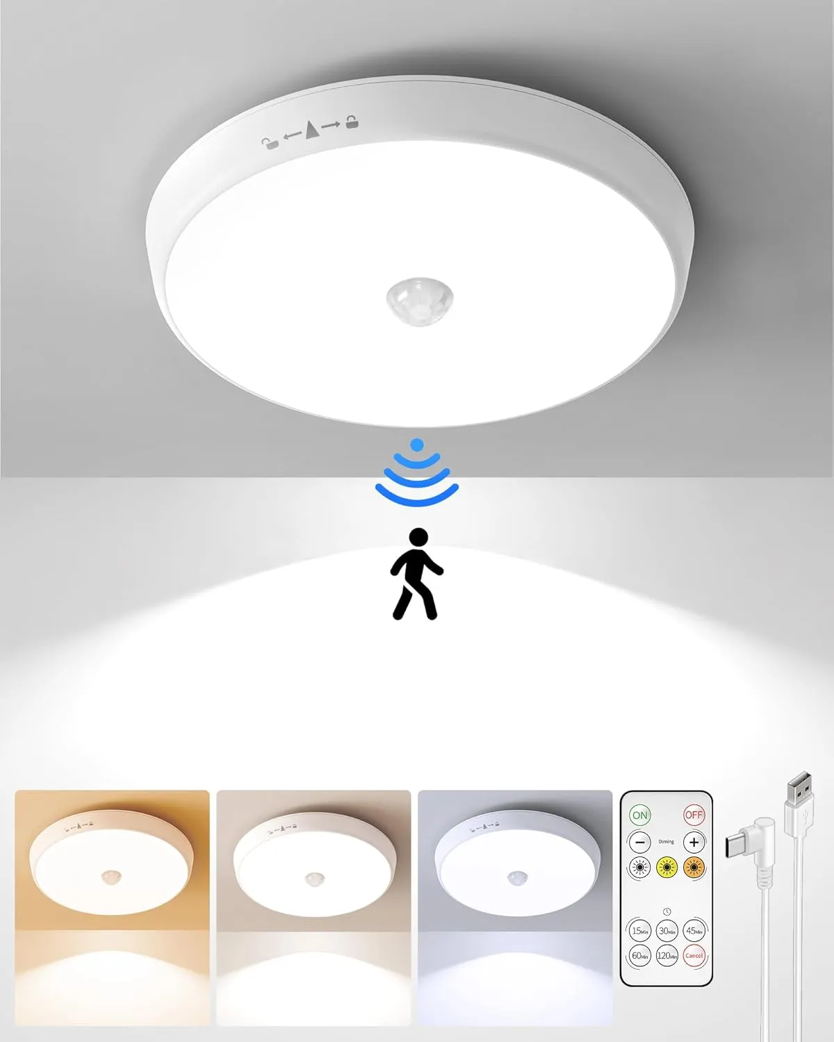 EZVALO Rechargeable Motion Sensor Ceiling Light, 10000mAh Wireless Closet Lights, Battery Operated Ceiling Light with Remote, 400 LM Motion Activated Lights for Pantry, Shower, Stairs, Garage 2Pack